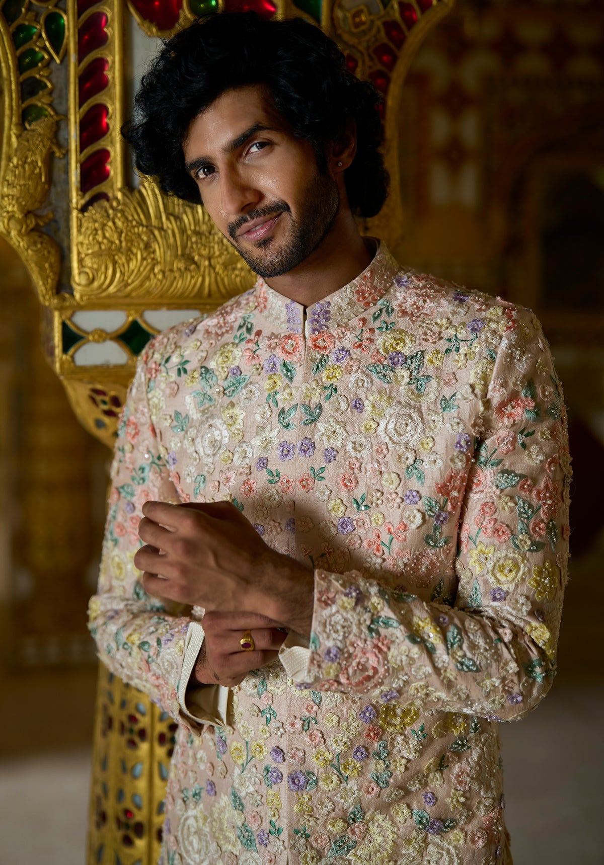 Cream Multi-Coloured Three- Dimensional Sherwani Set