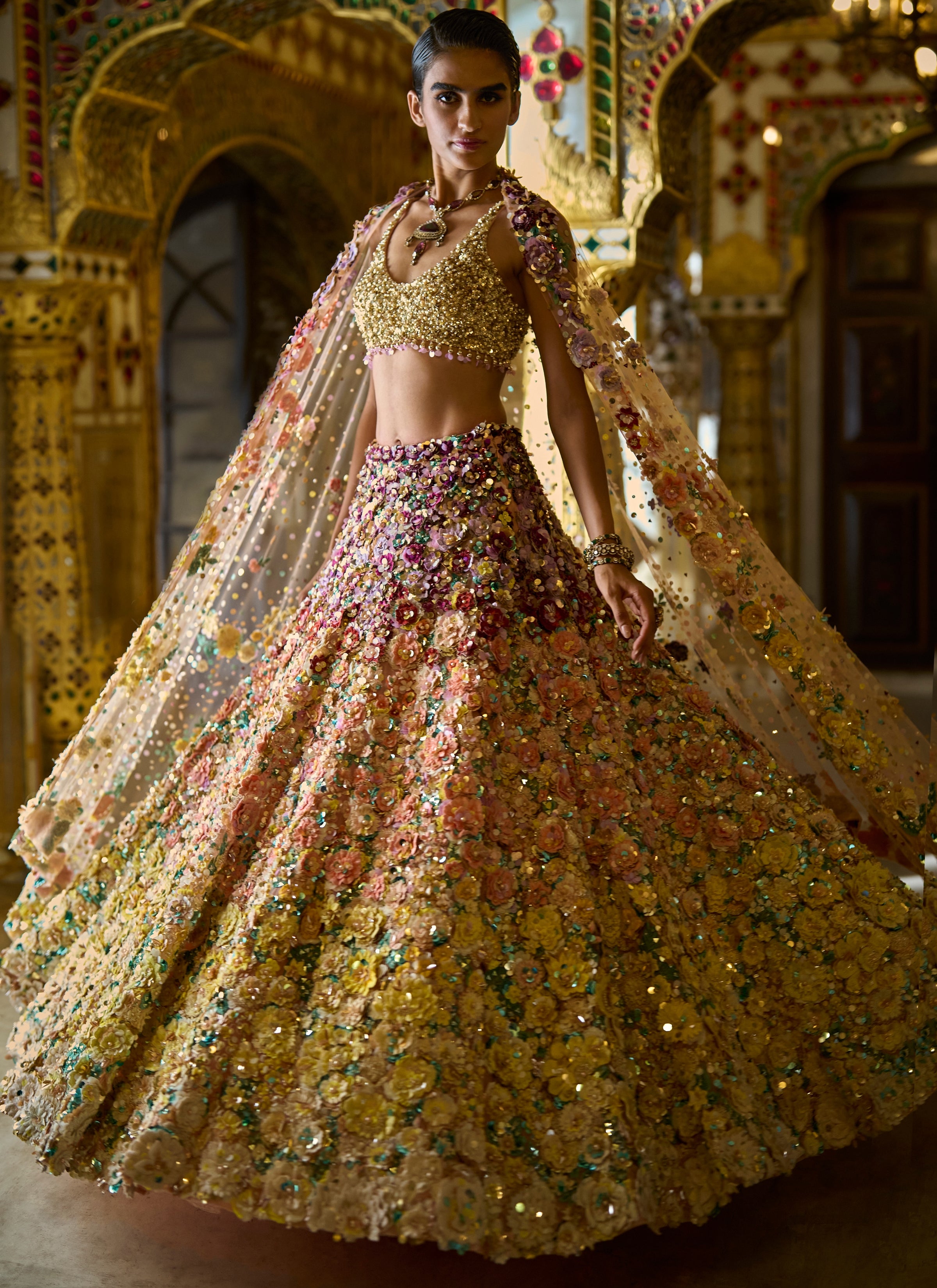 Ombre Multi-Coloured Three-Dimensional Floral Lehenga Set