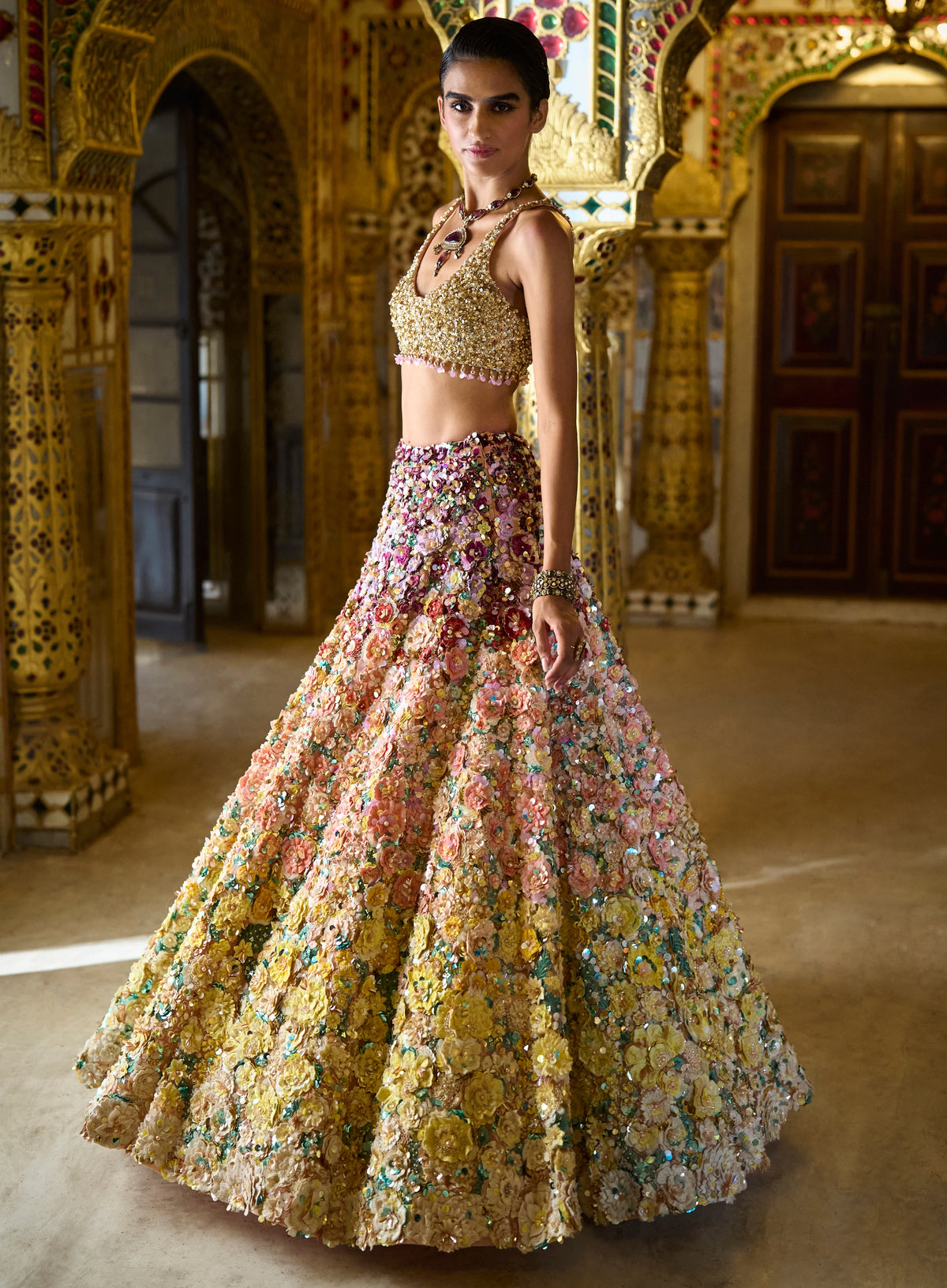 Ombre Multi-Coloured Three-Dimensional Floral Lehenga Set