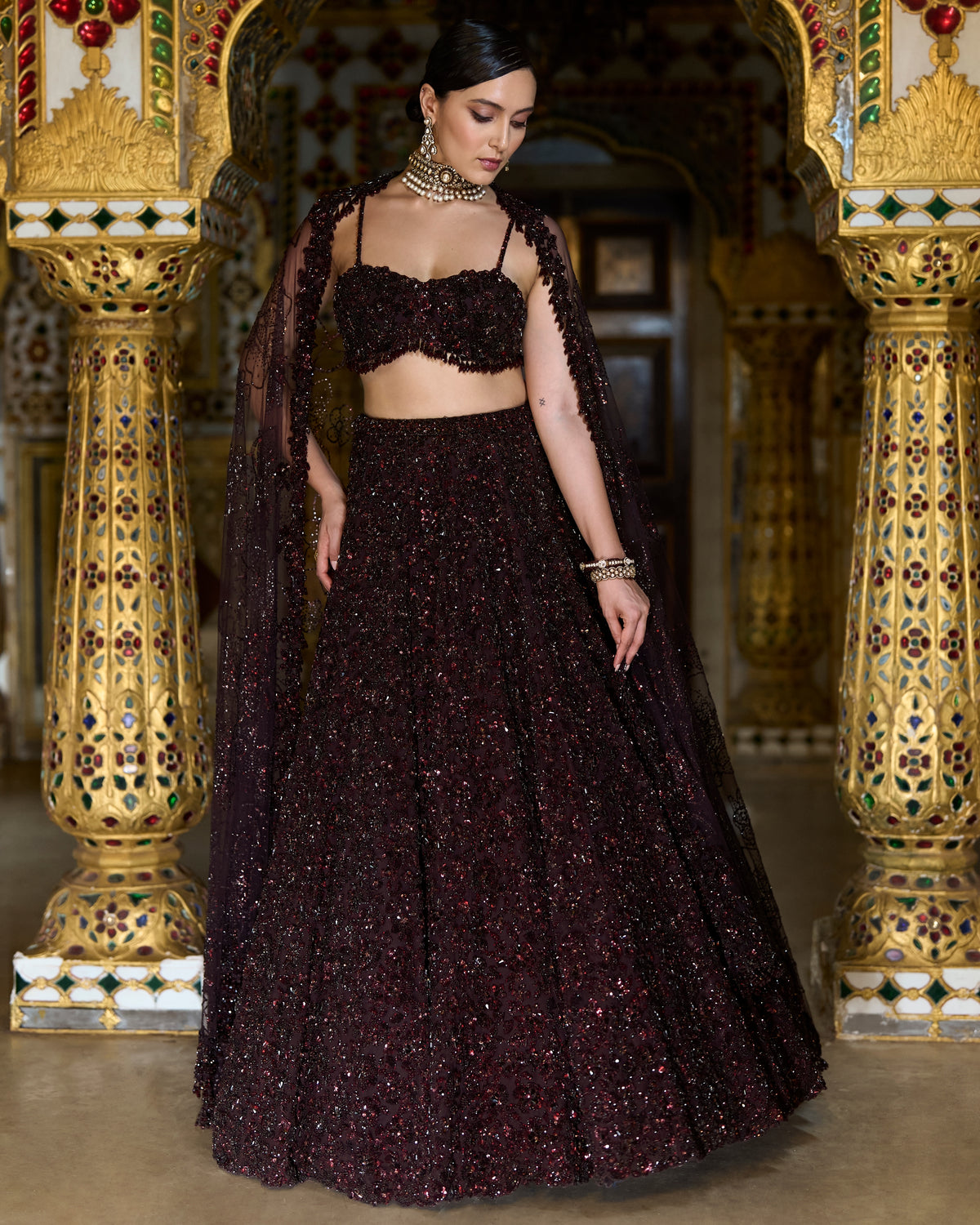 Wine Sequin Lehenga Set