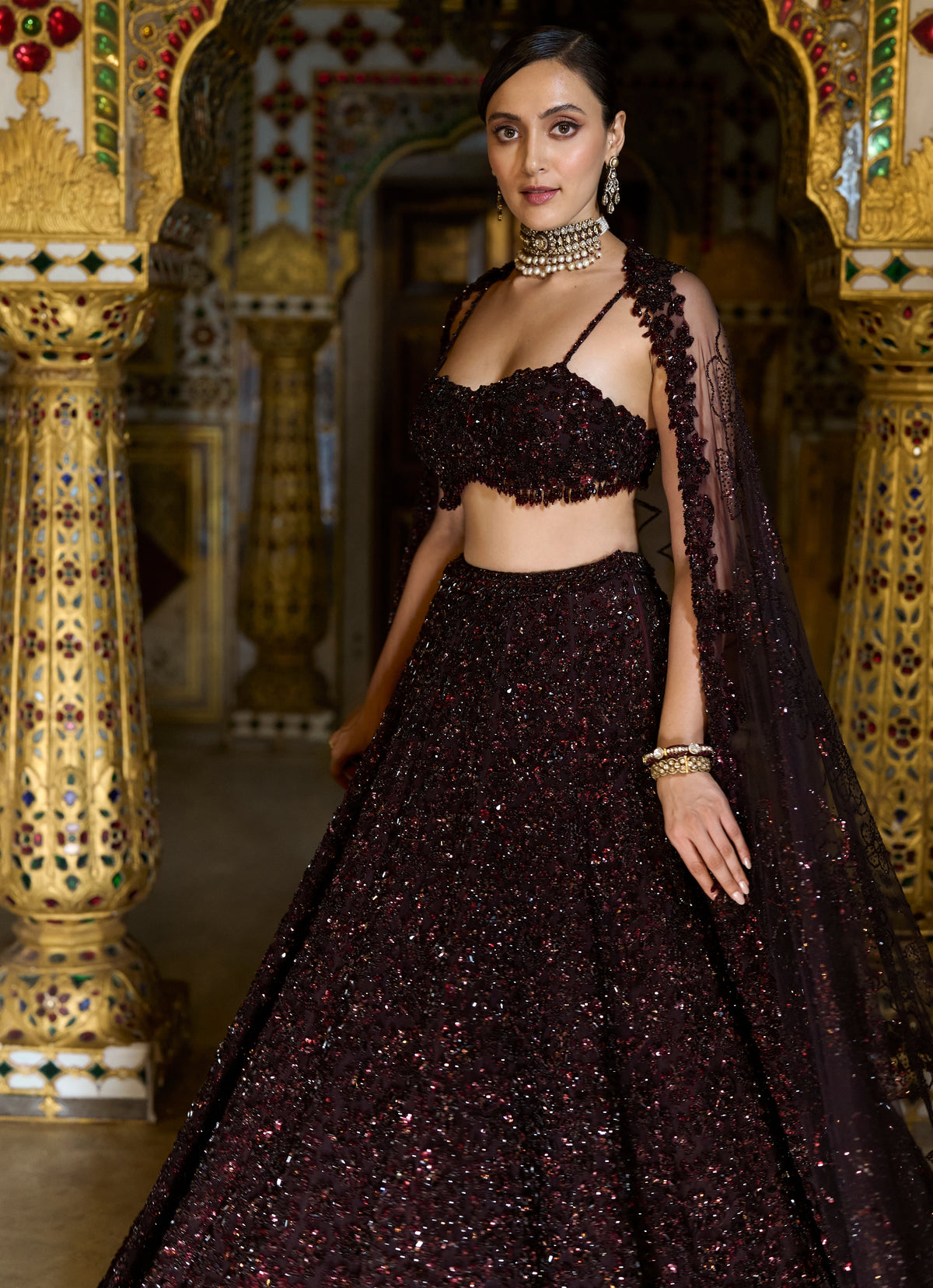 Wine Sequin Lehenga Set