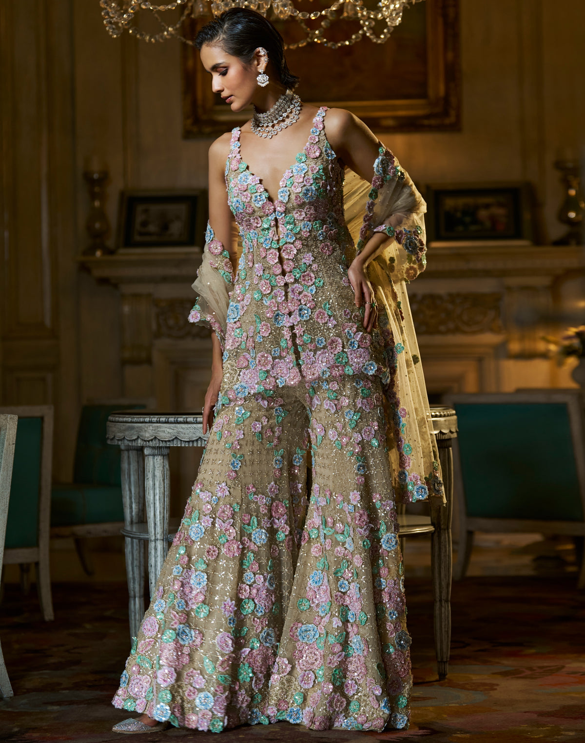 Fiori Multi-Coloured Three-Dimensional Sharara Set