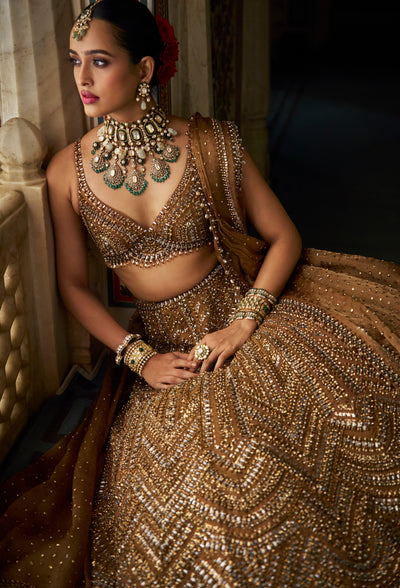 Copper Gold Vows Crystal Lehenga Set