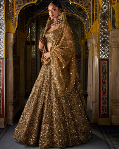 Antique Gold Vows Scalloped Lehenga Set