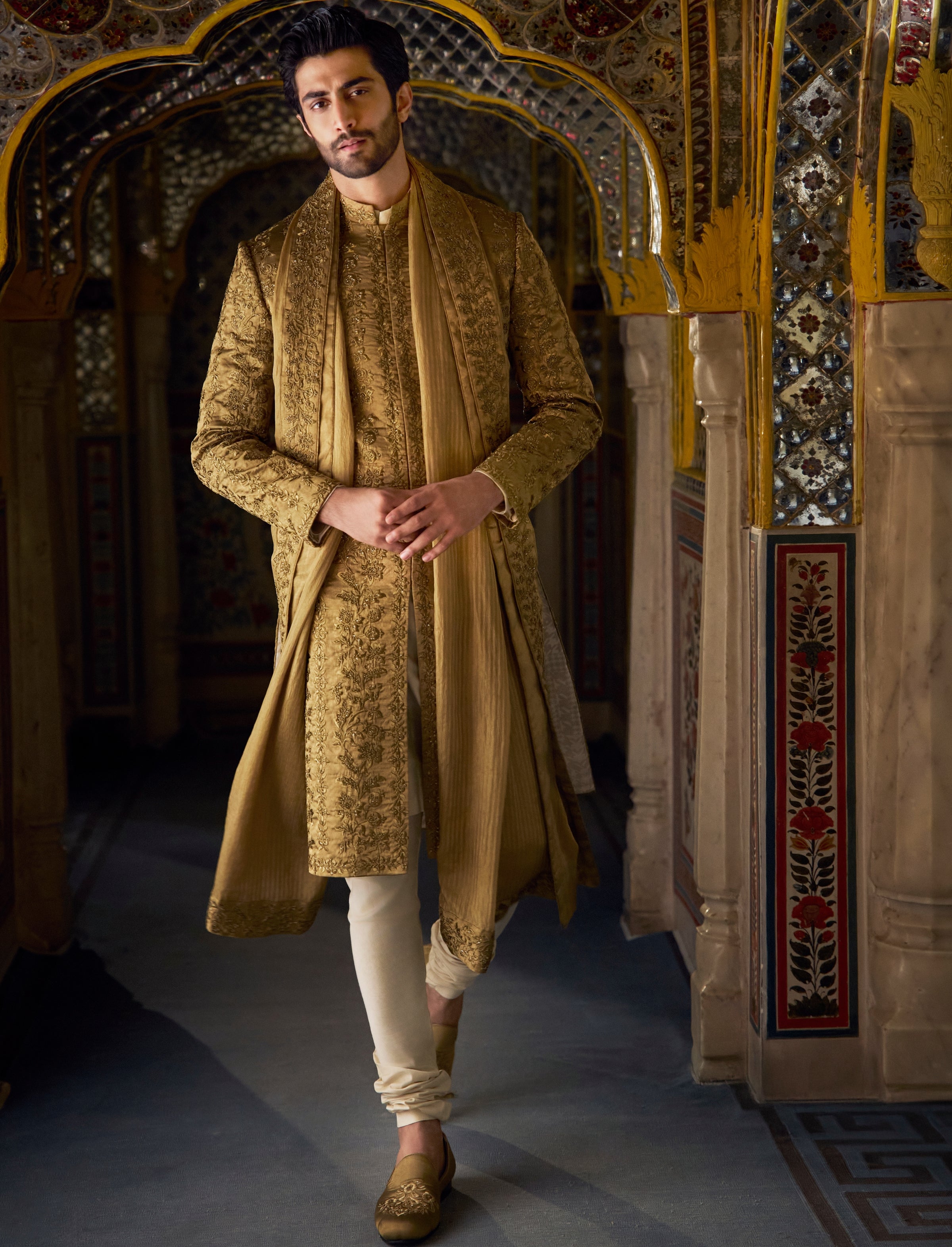 Vows Antique Gold Tissue Sherwani Set