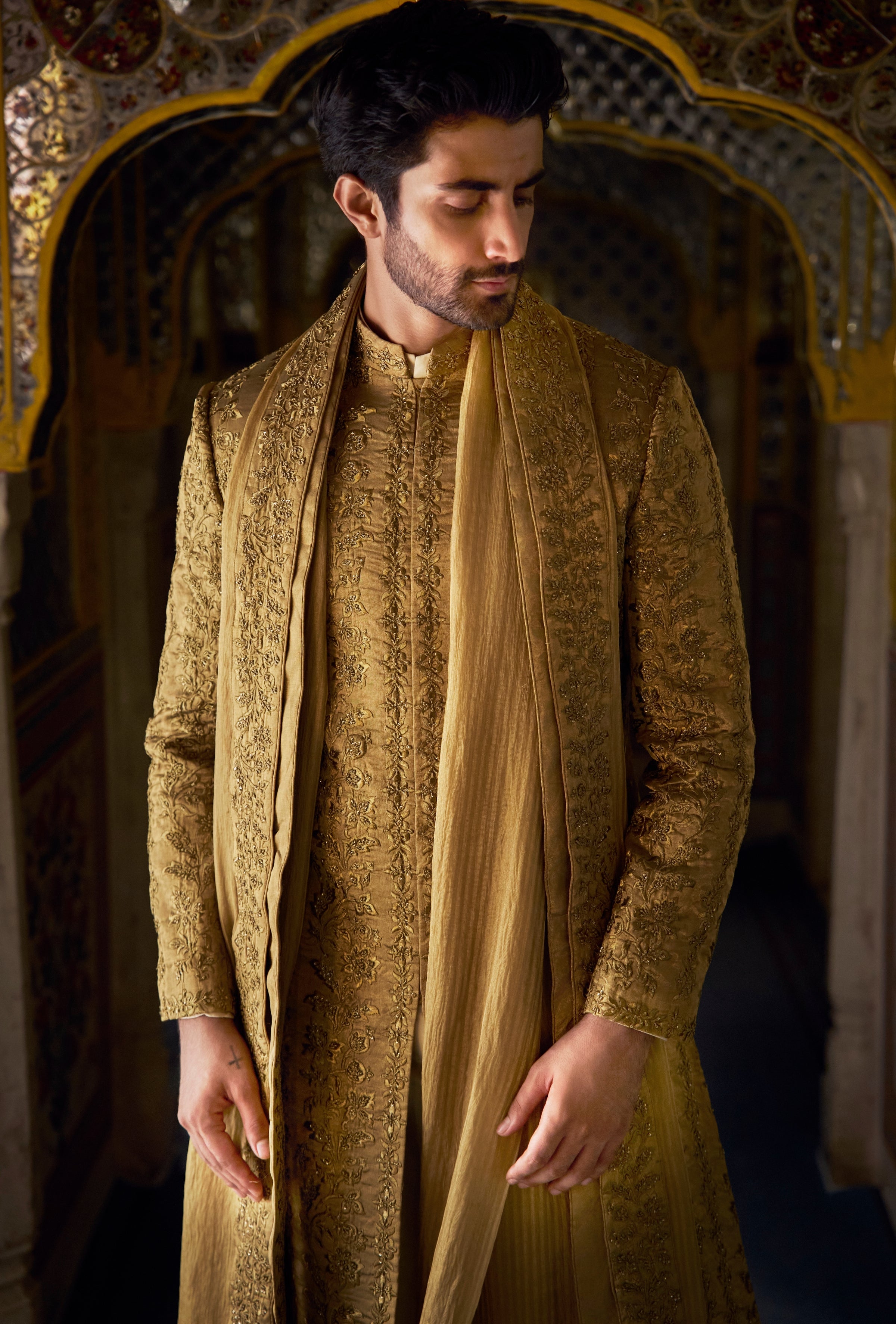 Vows Antique Gold Tissue Sherwani Set