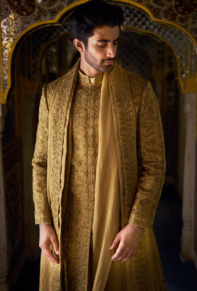 Vows Antique Gold Tissue Sherwani Set