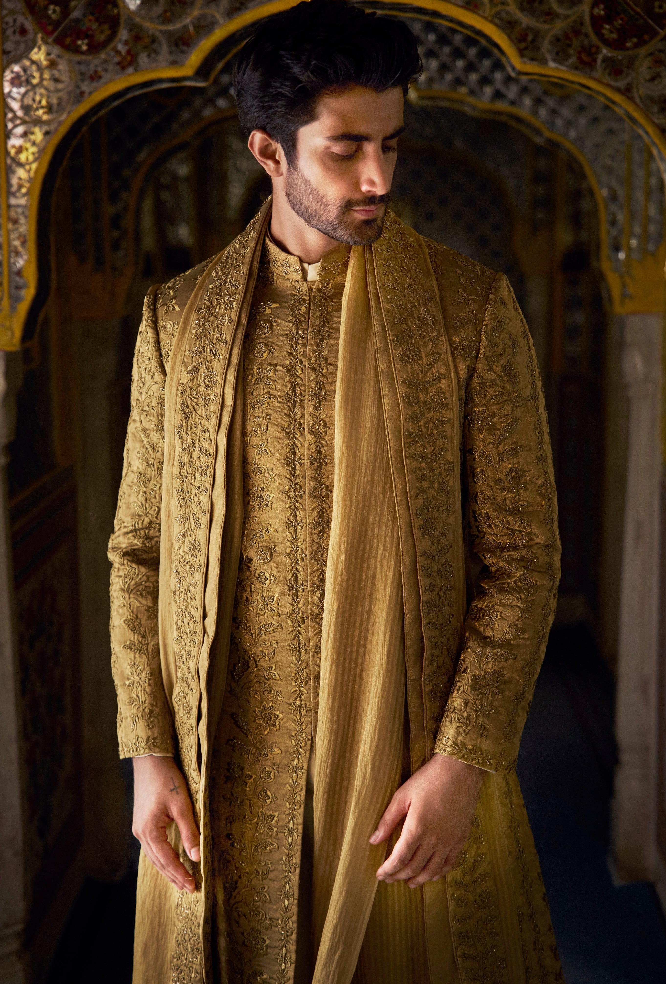 Vows Antique Gold Tissue Sherwani Set