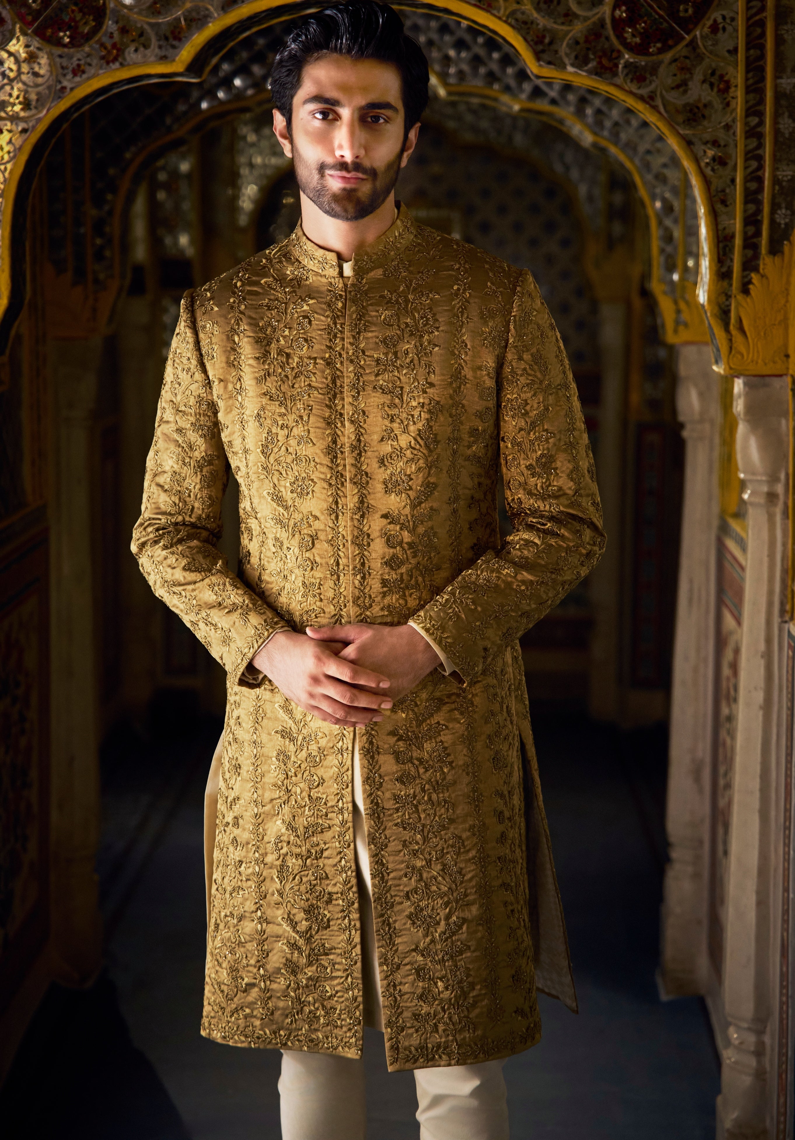 Vows Antique Gold Tissue Sherwani Set