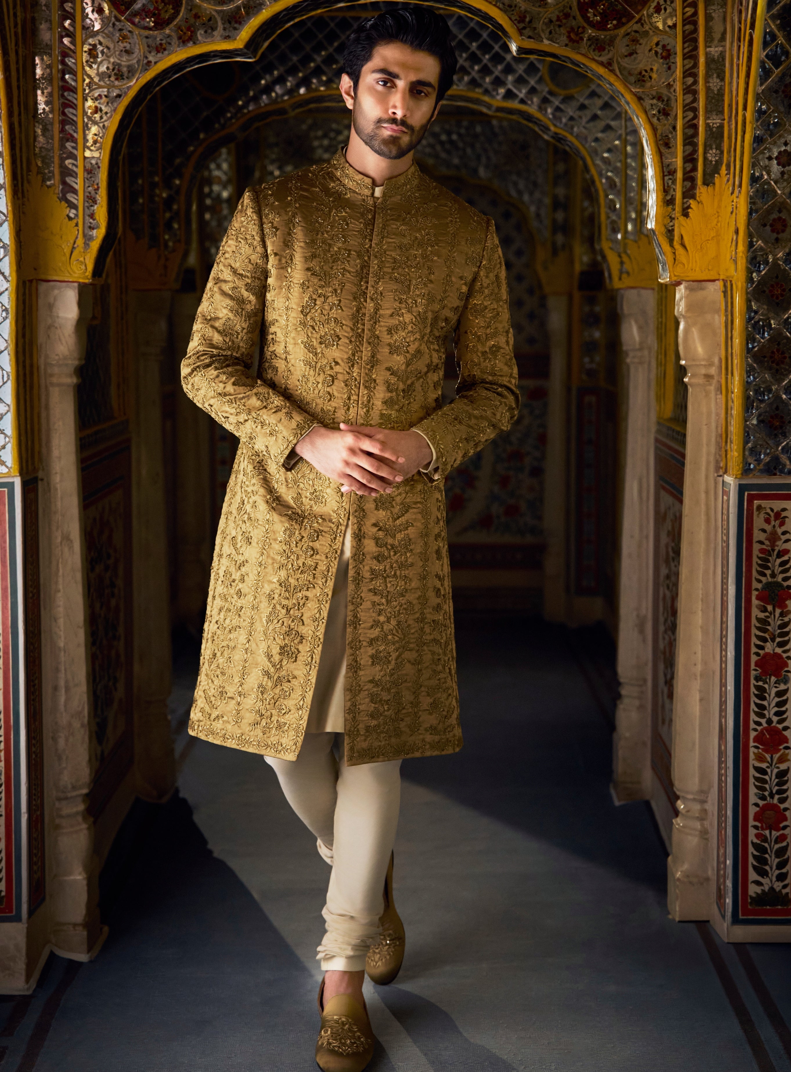 Vows Antique Gold Tissue Sherwani Set