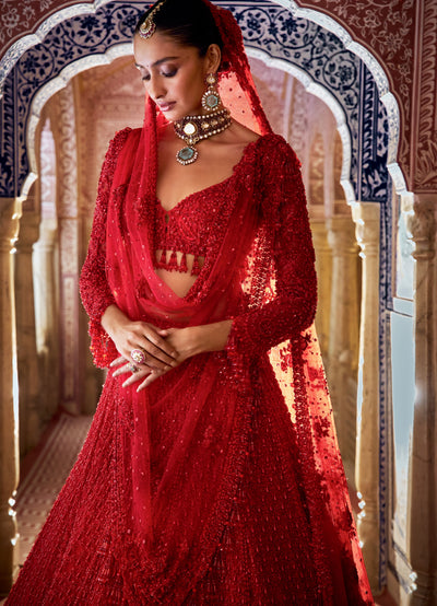 Red Vows Cut Work Lehenga Set