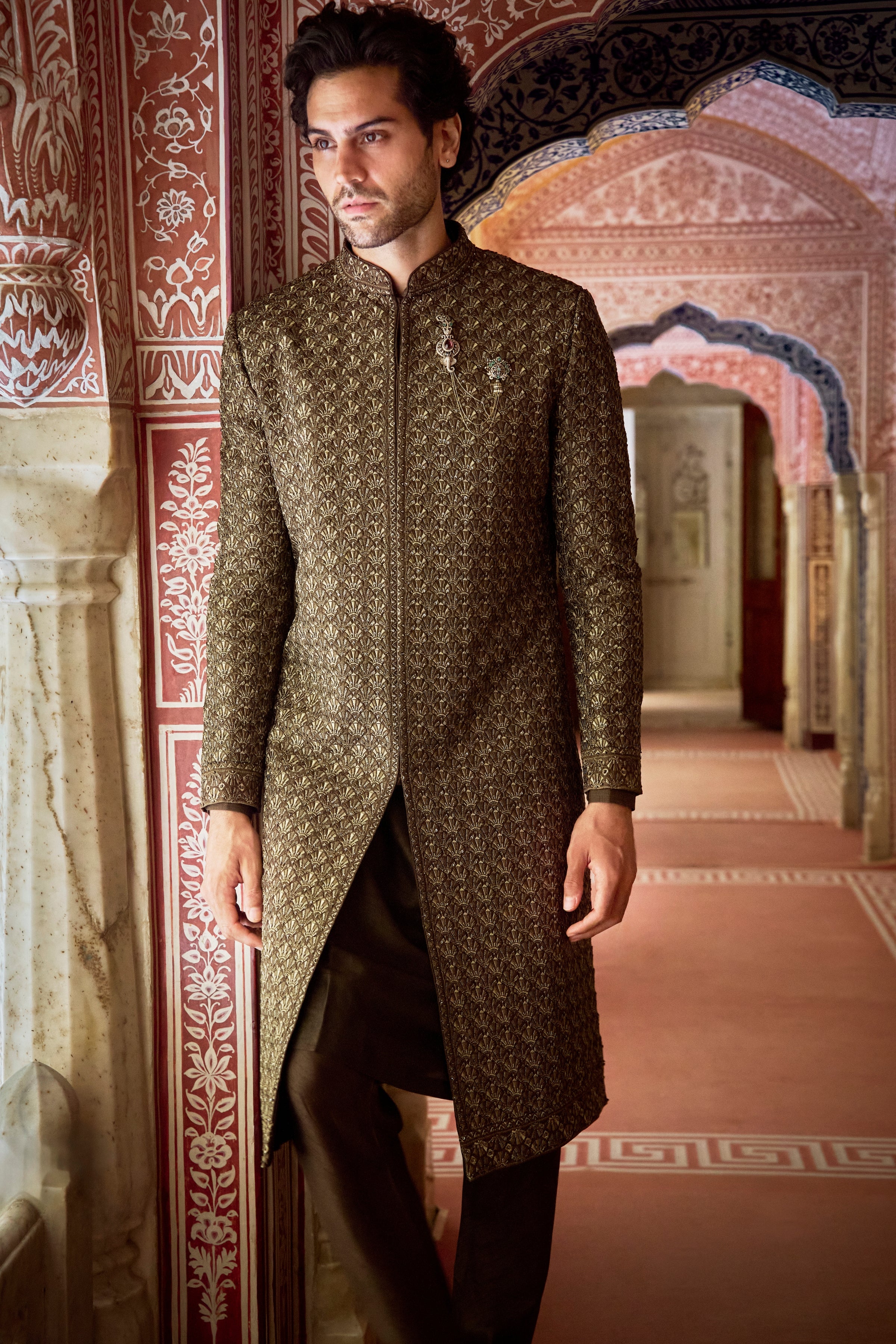 Vows Olive Green Thread Sequin Sherwani Set
