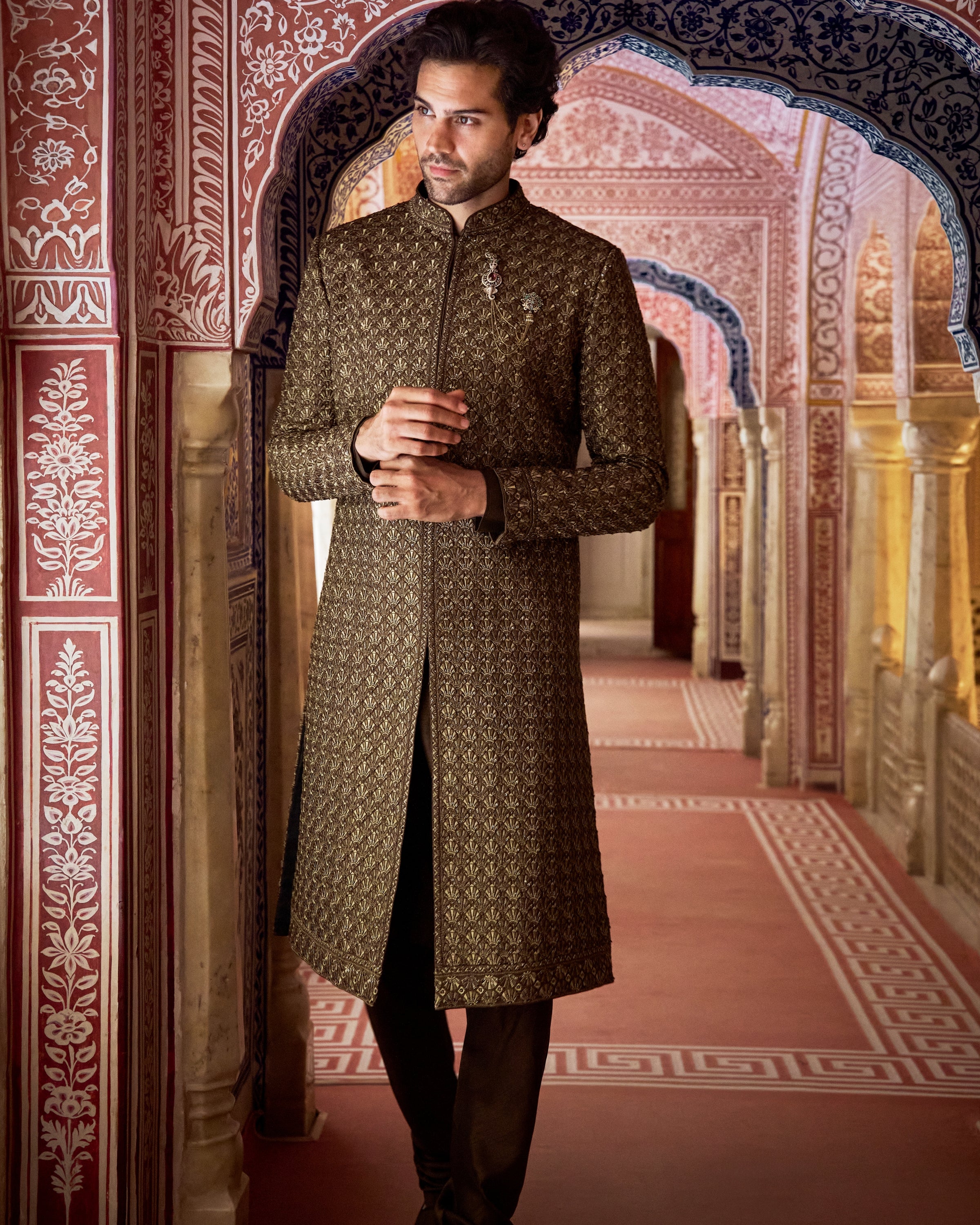 Vows Olive Green Thread Sequin Sherwani Set