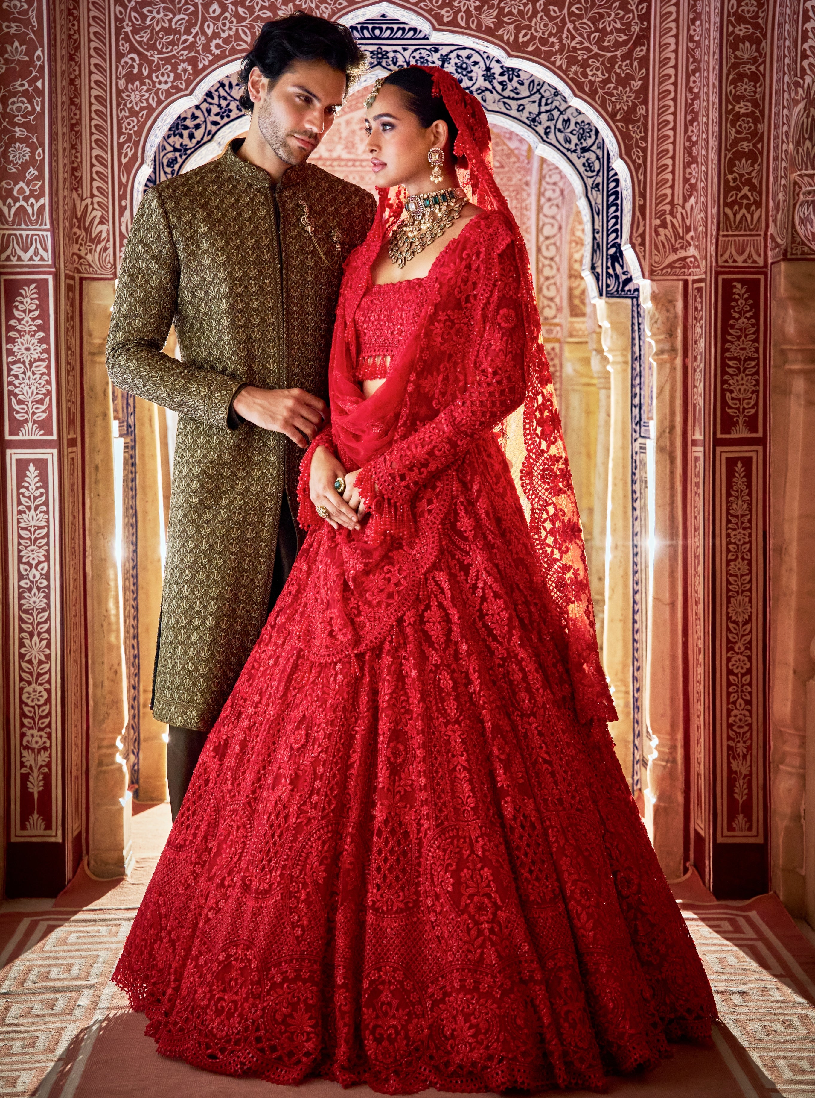 Vows Olive Green Thread Sequin Sherwani Set