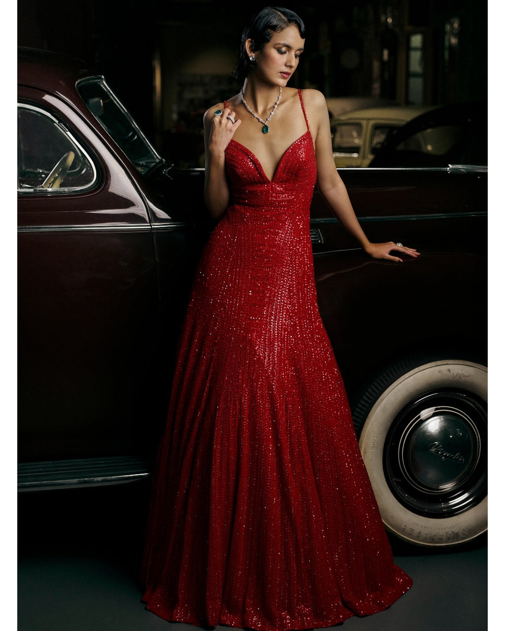 Red Deep Cut Sequin Gown