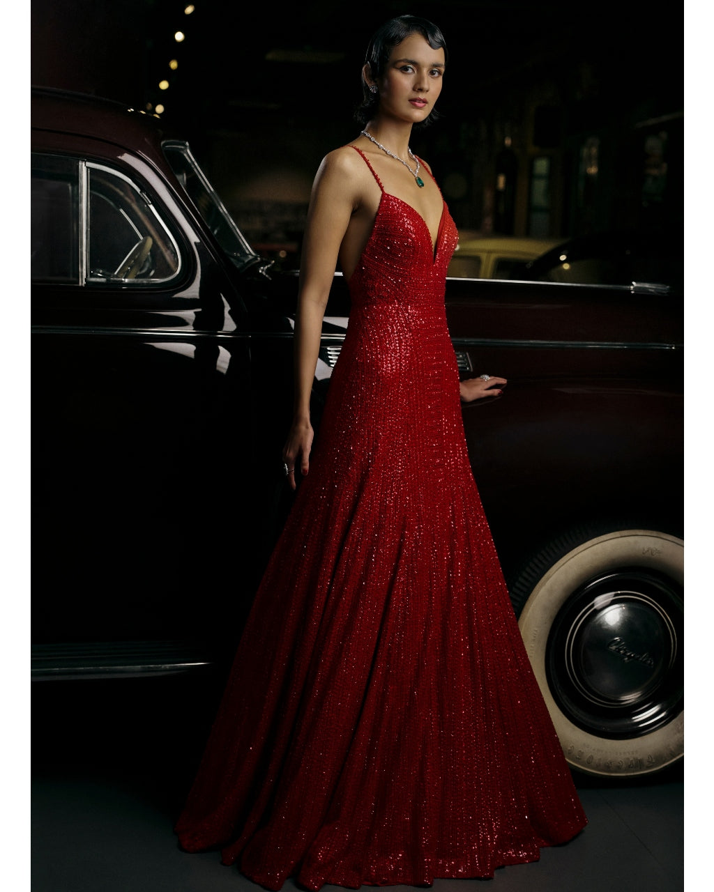 Red Deep Cut Sequin Gown