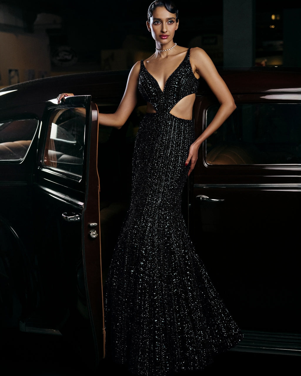 Navy Side Cut Sequin Gown