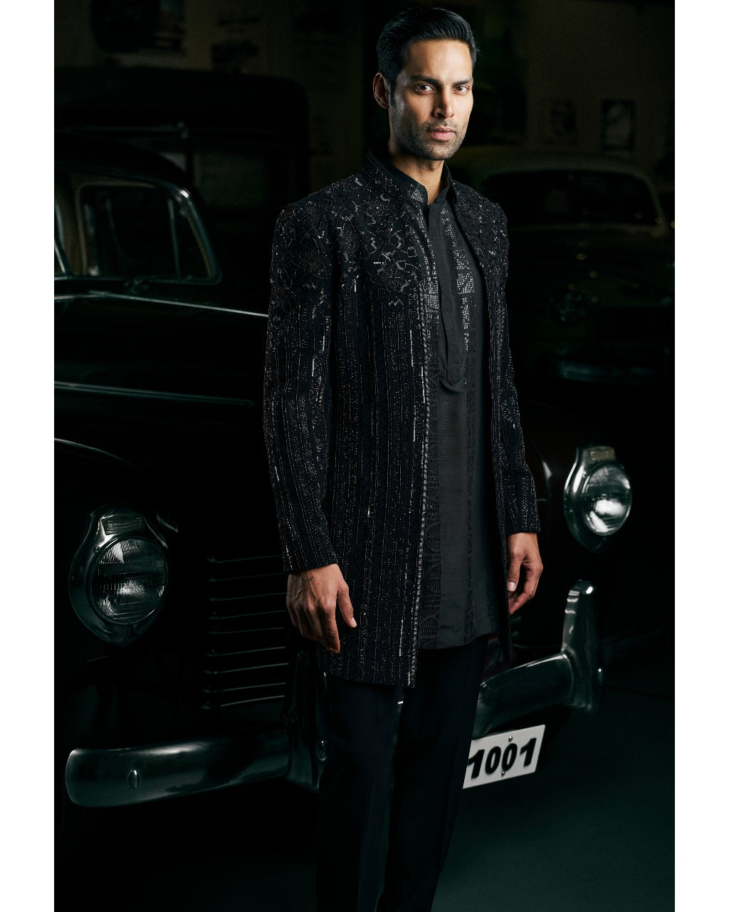 Black Abstract Open Sherwani Set