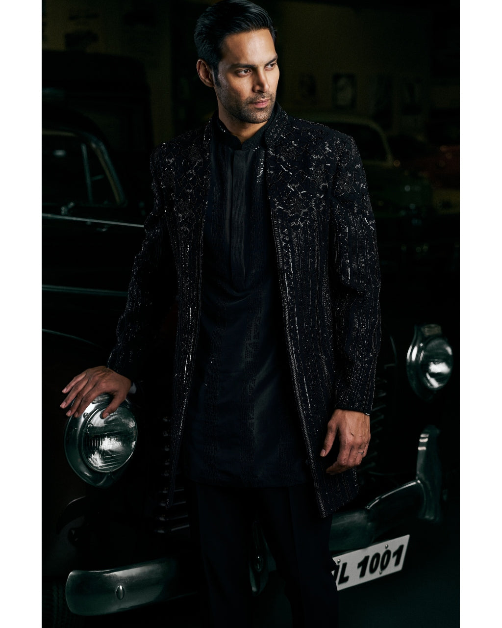 Black Abstract Open Sherwani Set