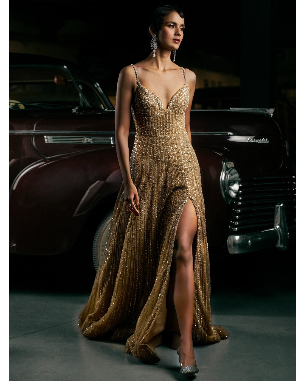 Caramel Slit Sequin Gown