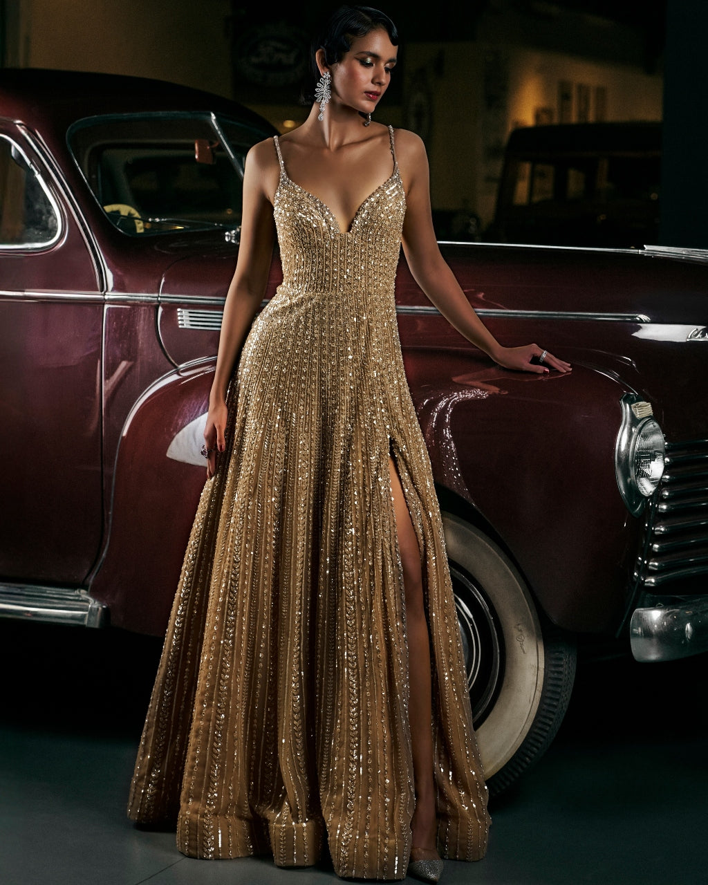 Caramel Slit Sequin Gown