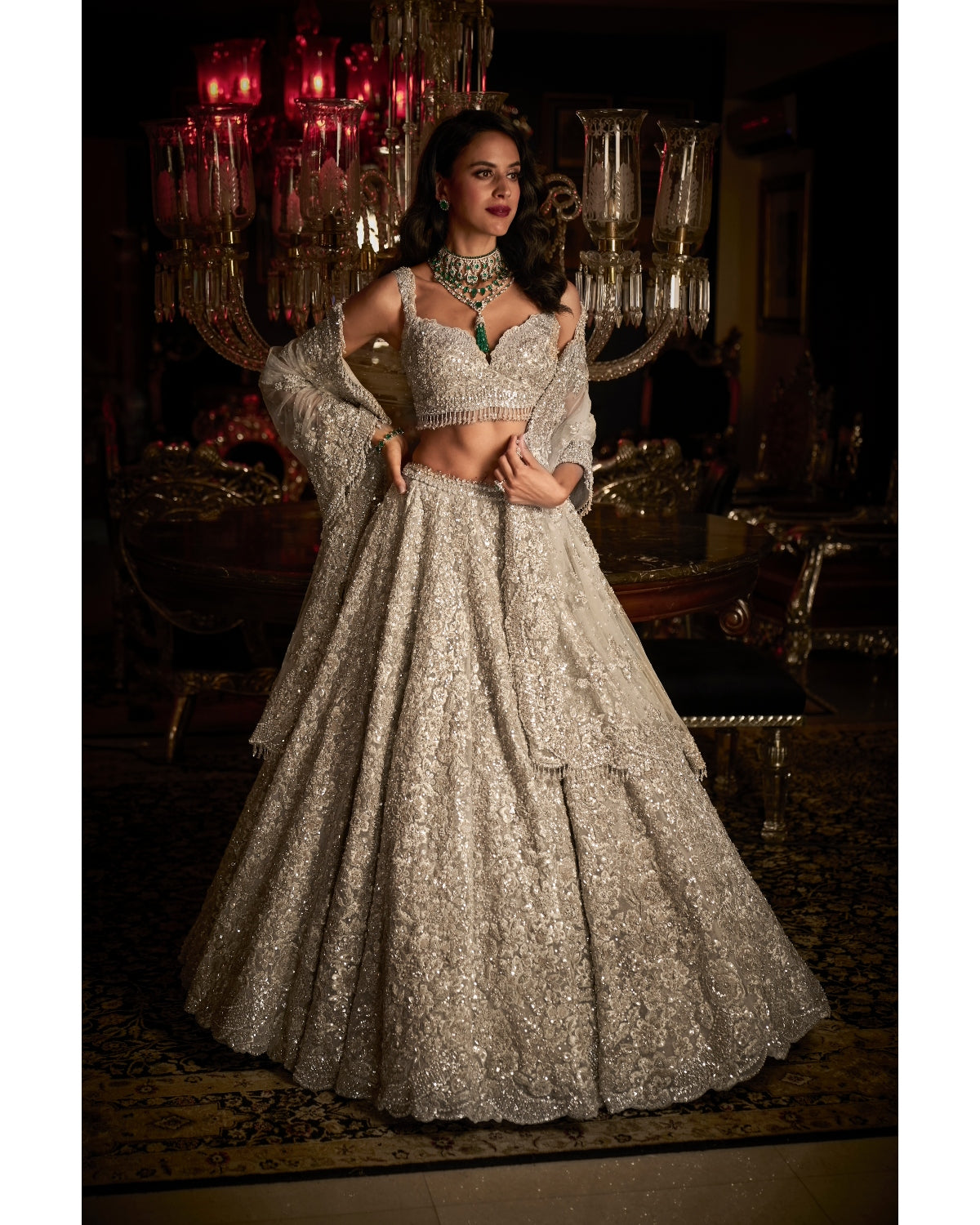 Silver Floral Lehenga Set By Seema Gujral