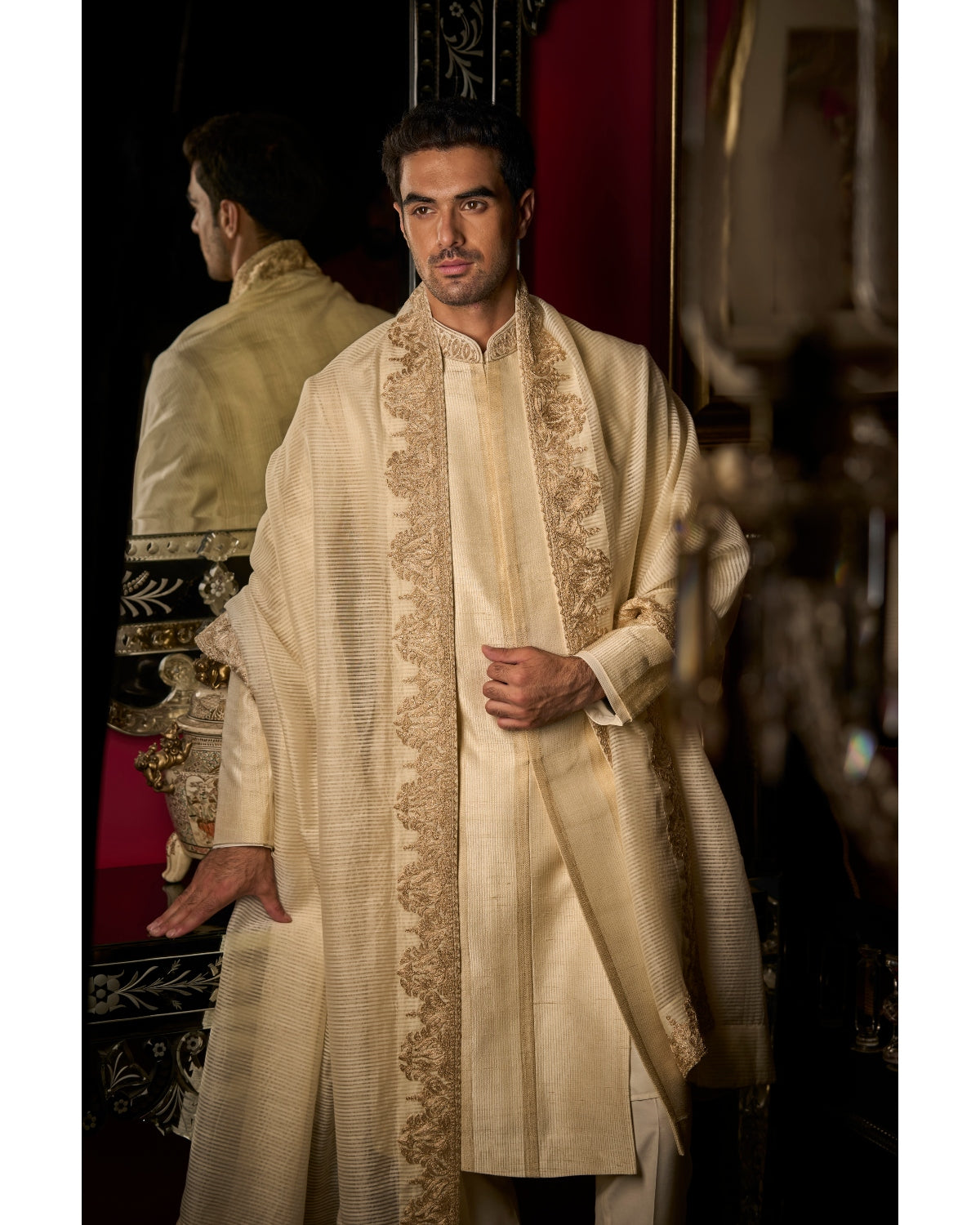 Cream Zari Sherwani Set By Seema Gujral