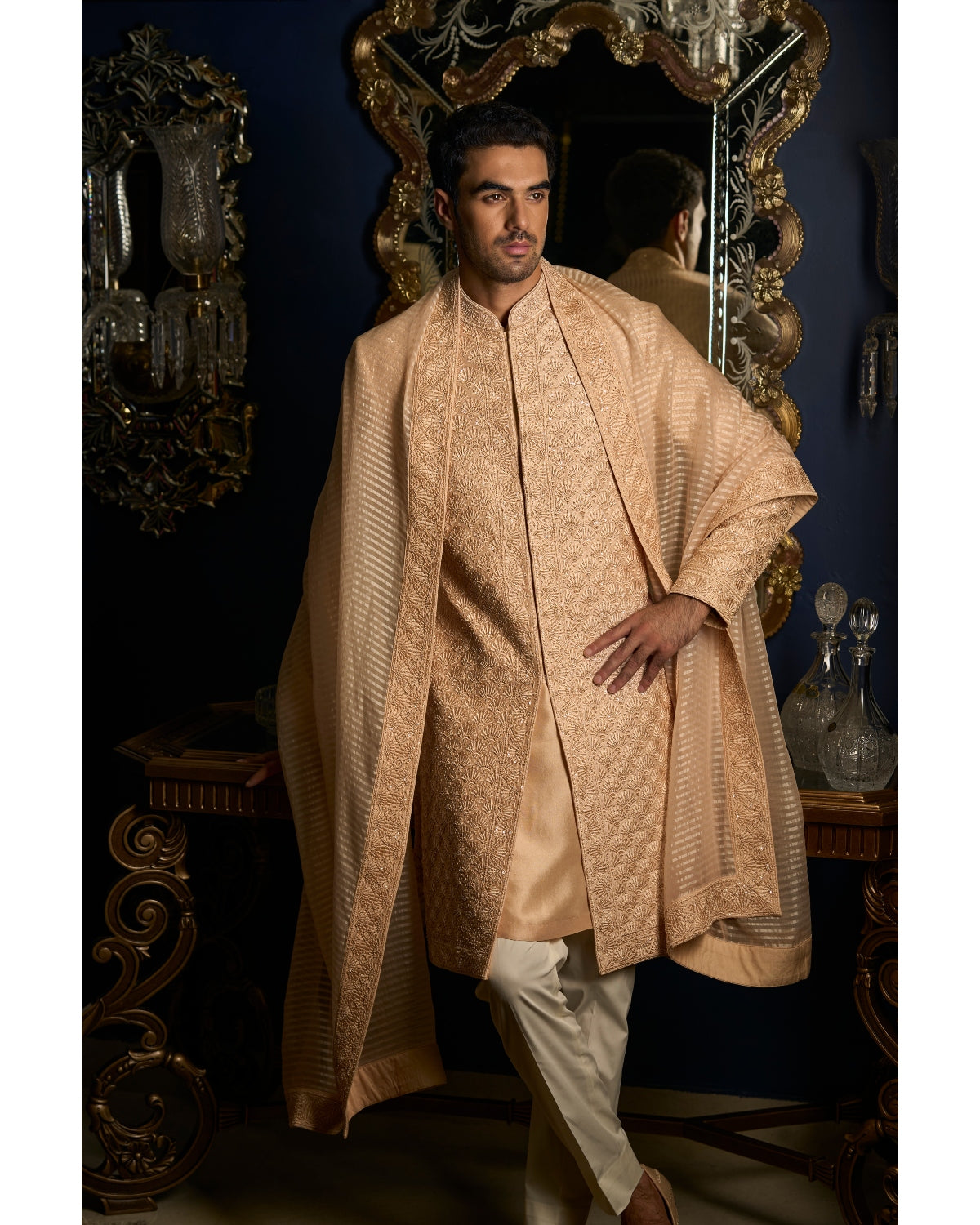 Peach Thread Sequin Sherwani Set By Seema Gujral