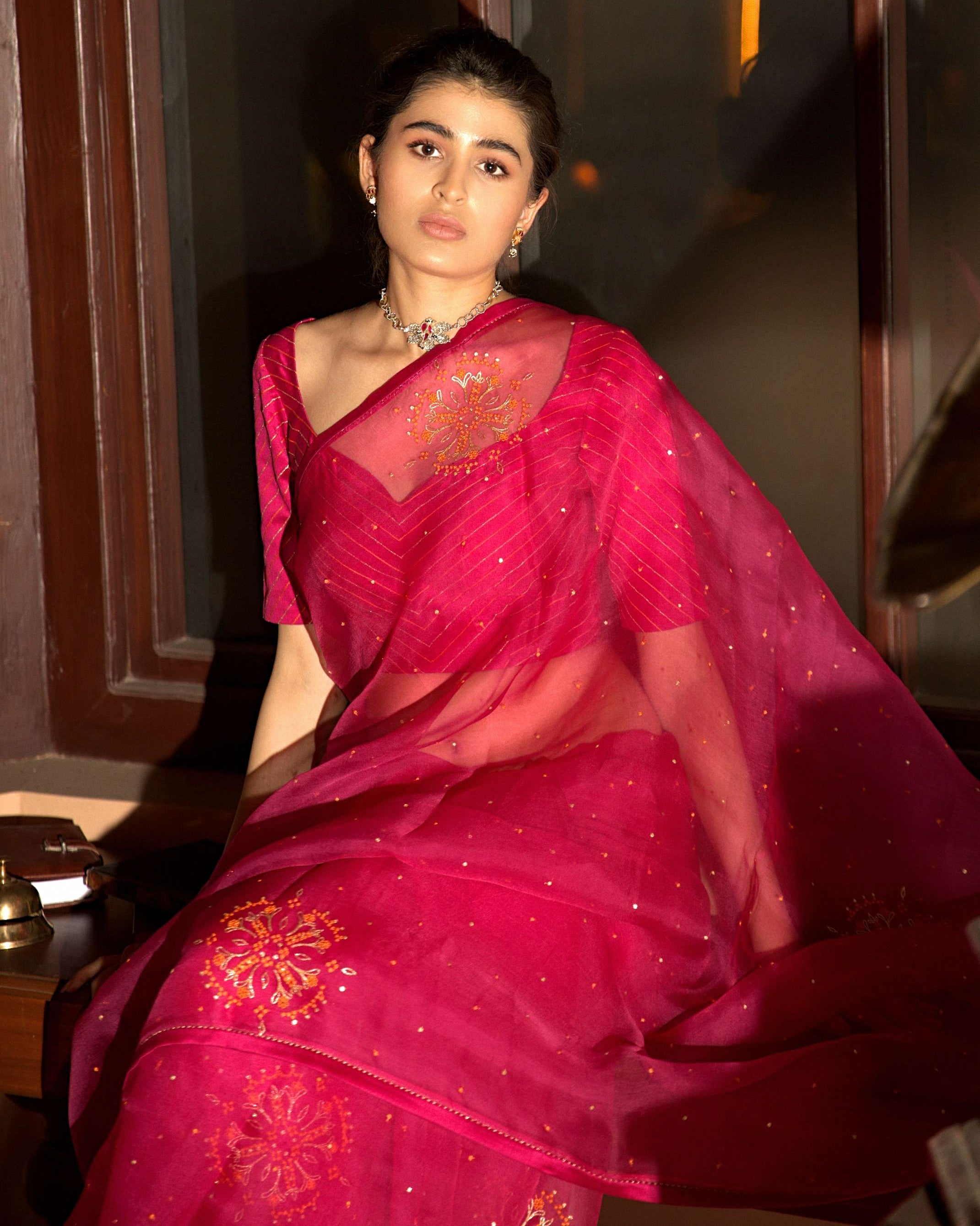 Pink Hand Embroidered Sari