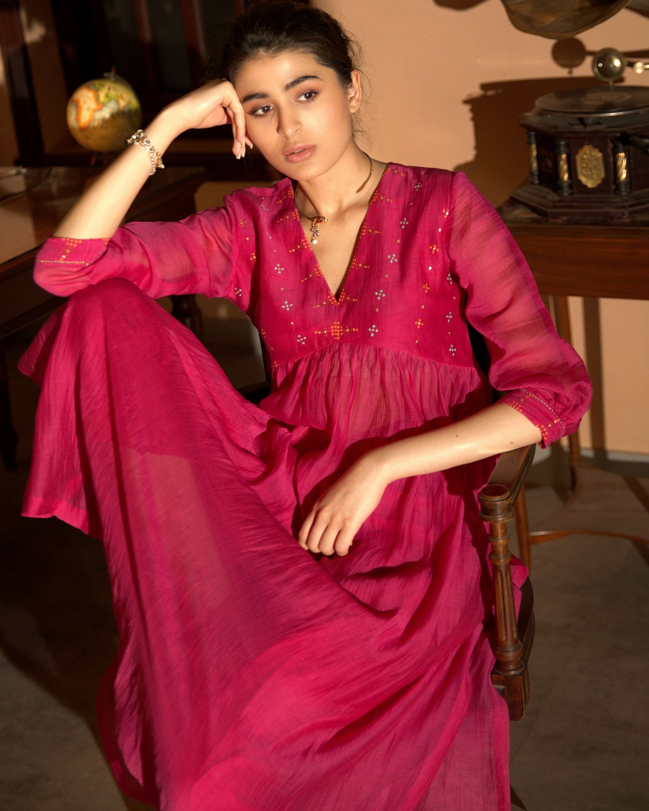 Pink Hand Embroidered Gather Kurta Set