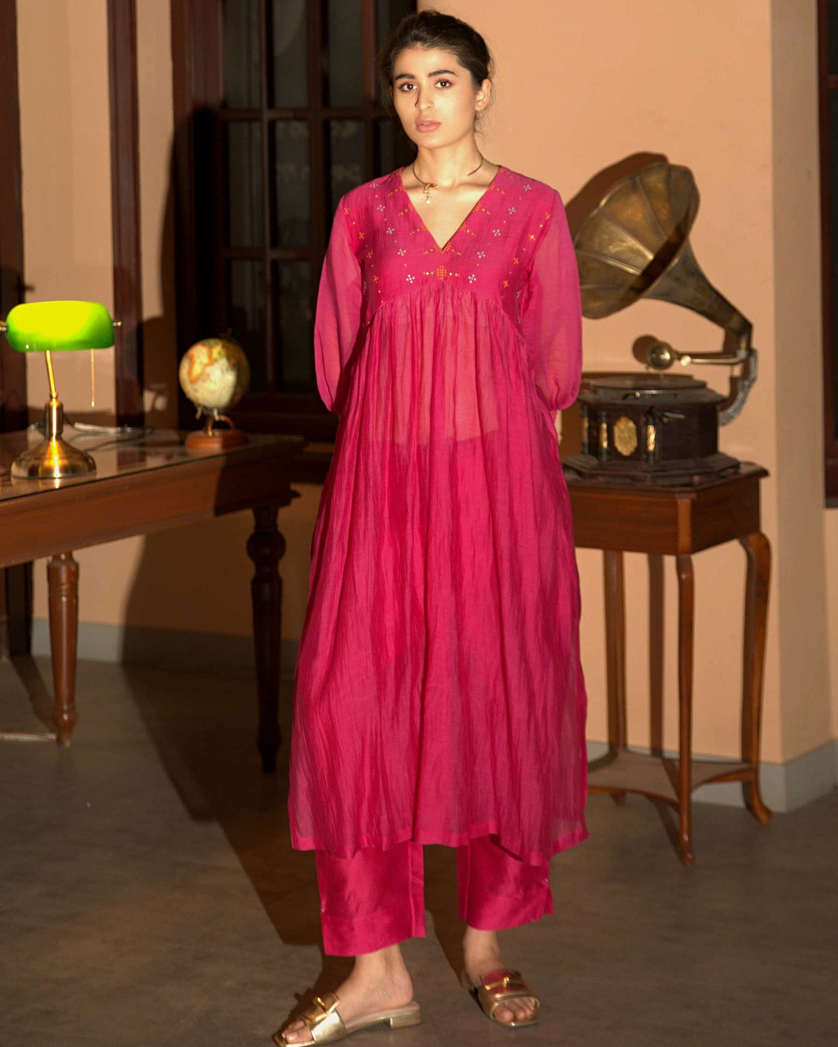 Pink Hand Embroidered Gather Kurta Set