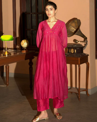 Pink Hand Embroidered Gather Kurta Set
