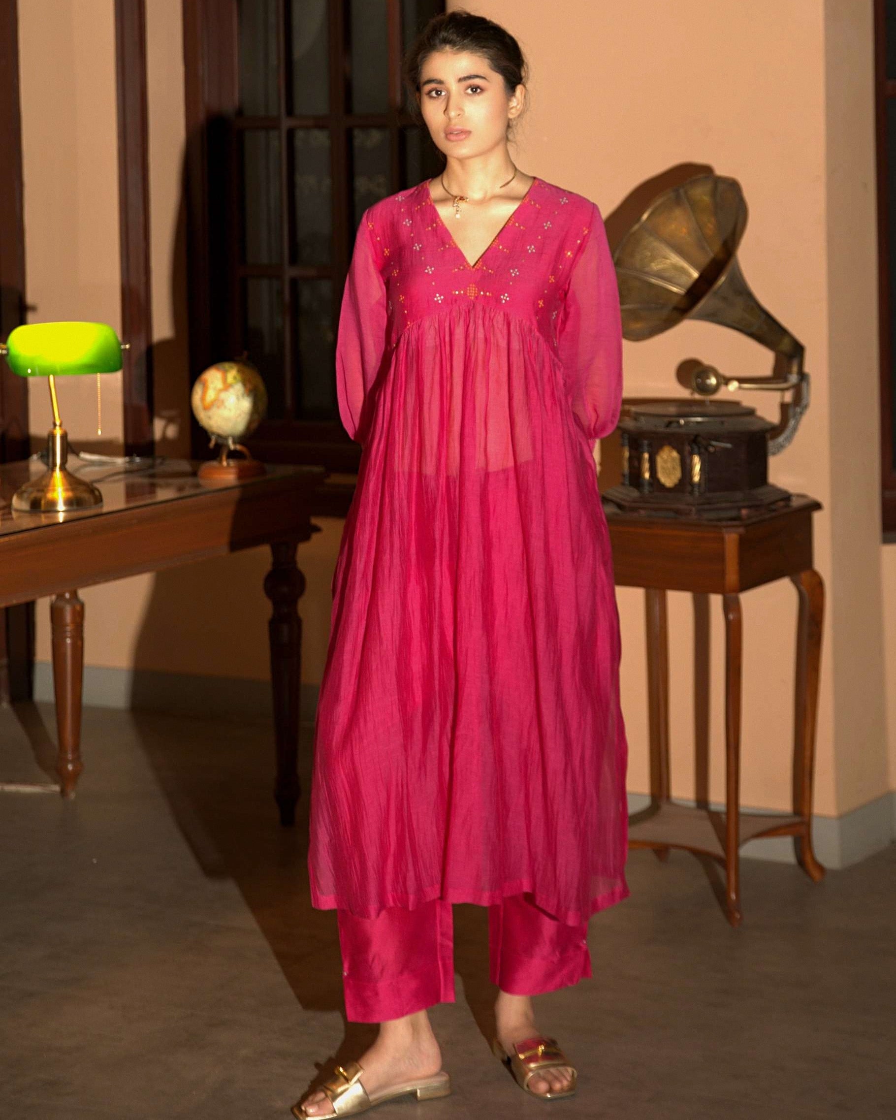 Pink Hand Embroidered Gather Kurta Set