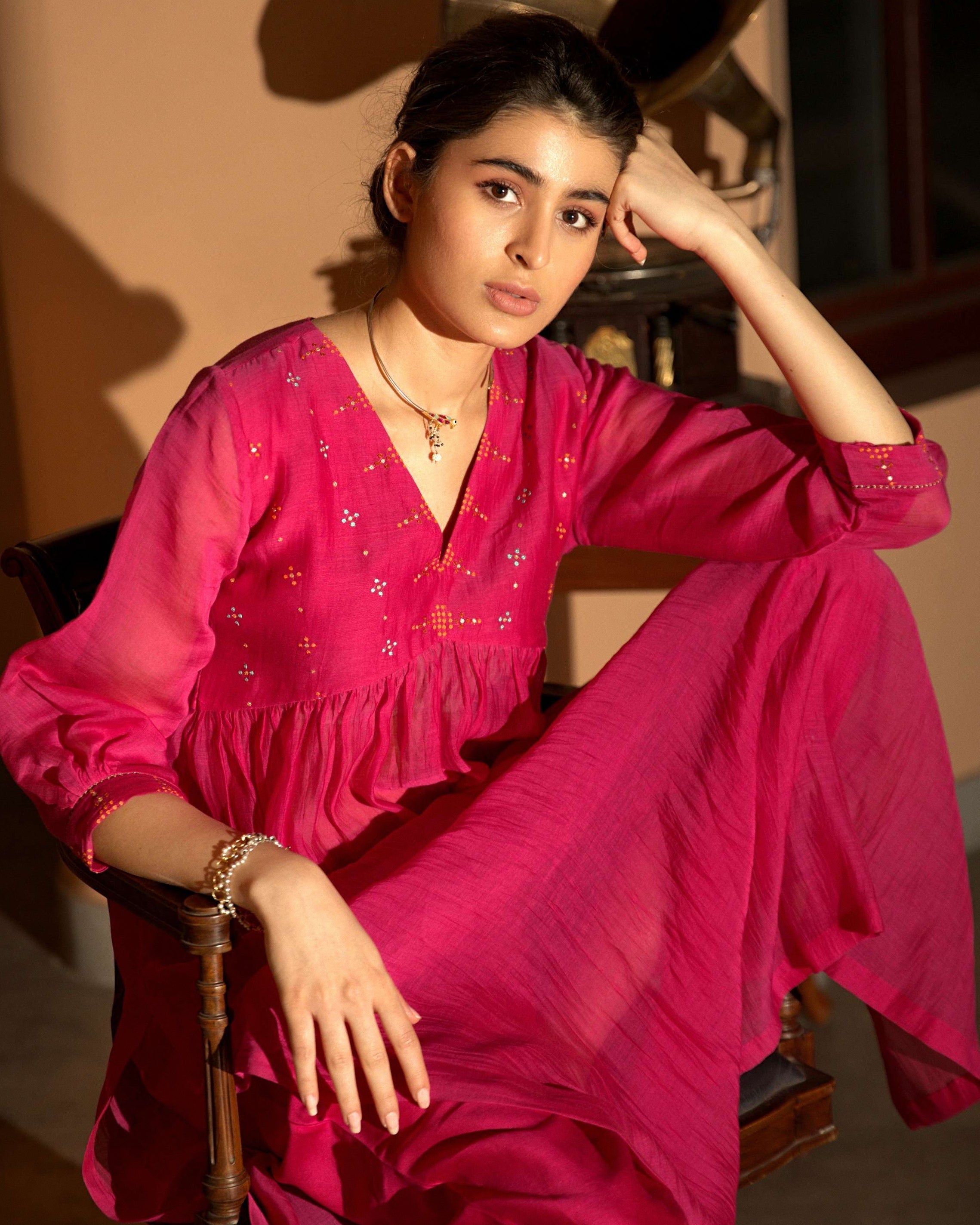 Pink Hand Embroidered Gather Kurta Set