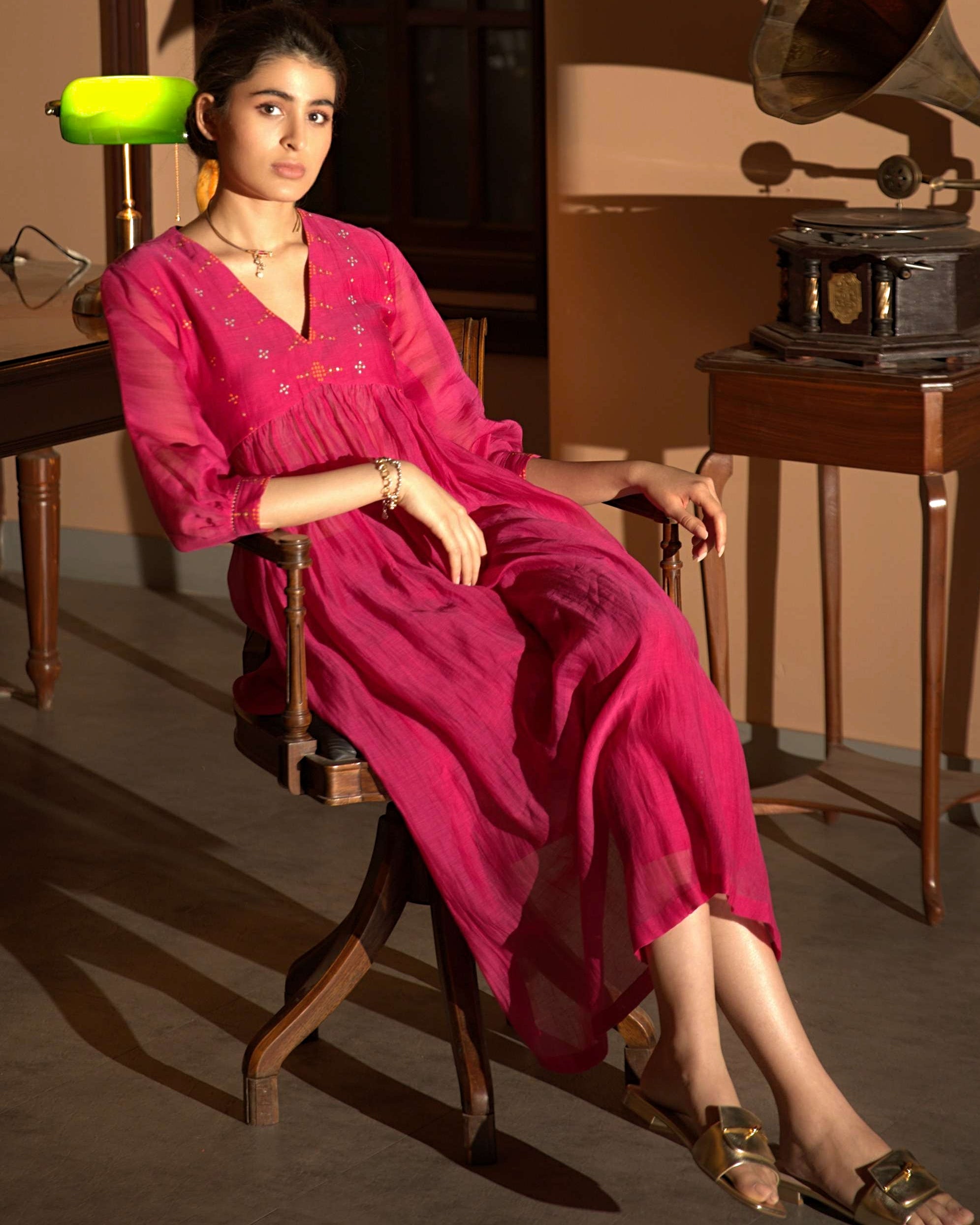 Pink Hand Embroidered Gather Kurta Set