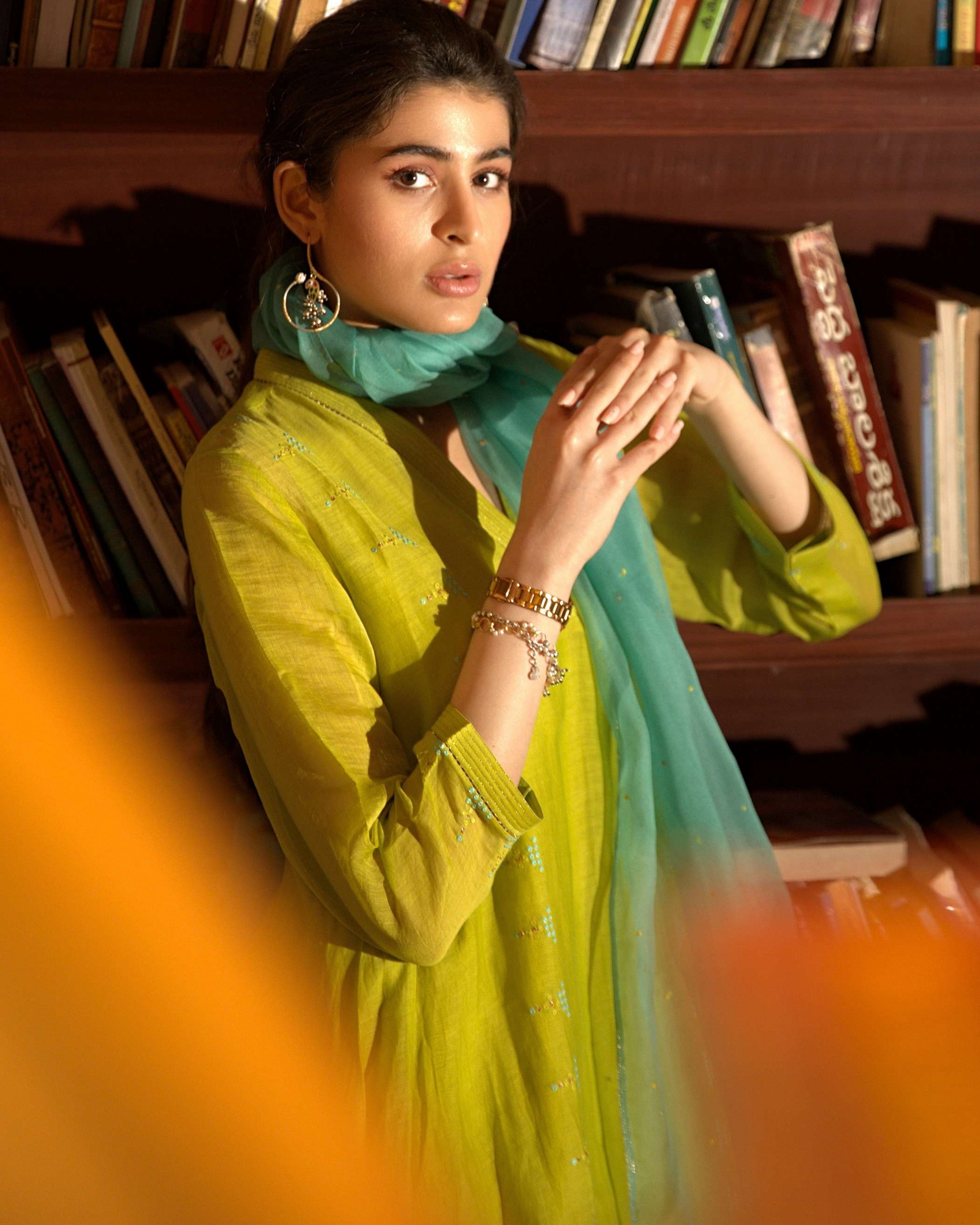 Neon Green Side Panelled A-Line Kurta Set