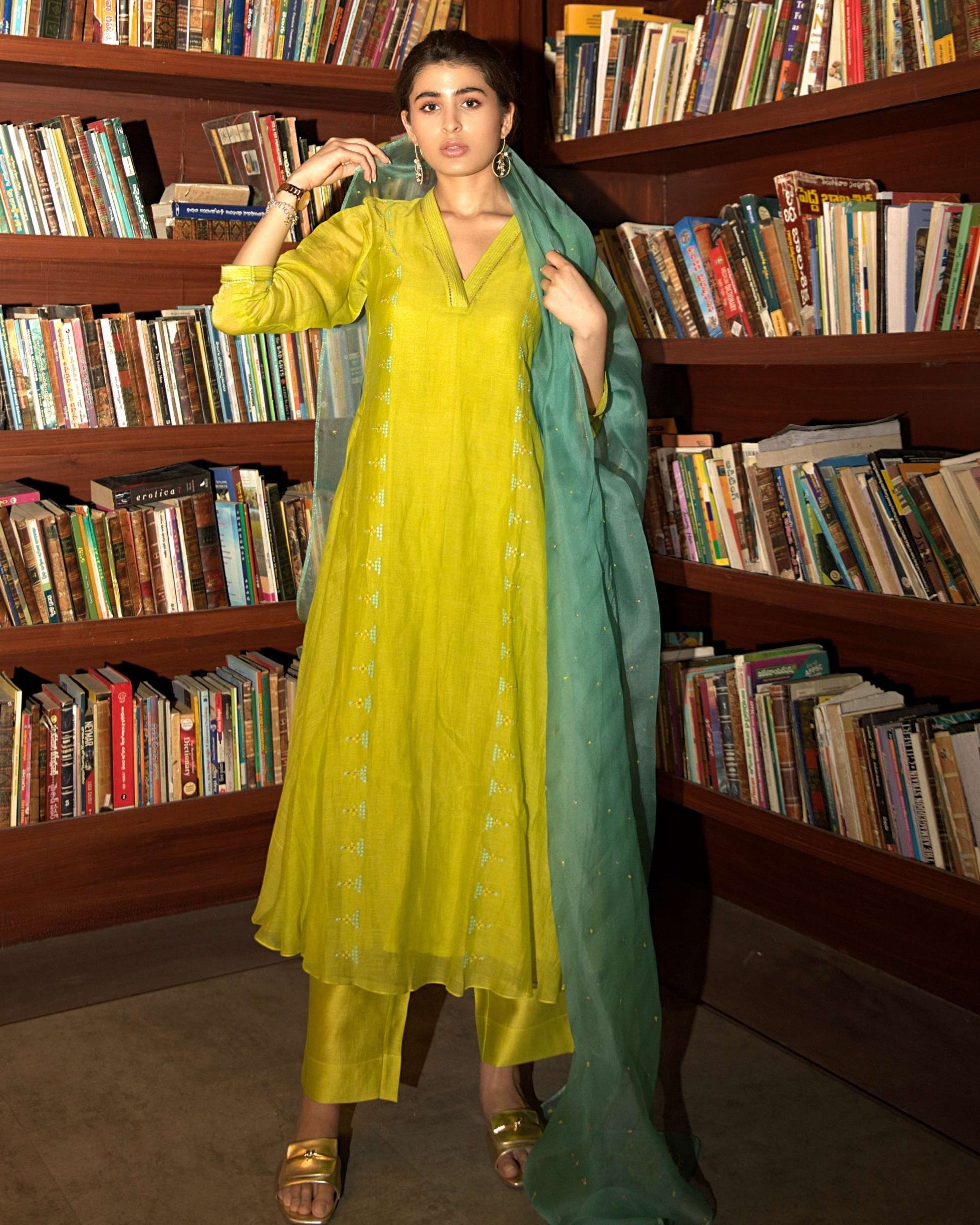 Neon Green Side Panelled A-Line Kurta Set