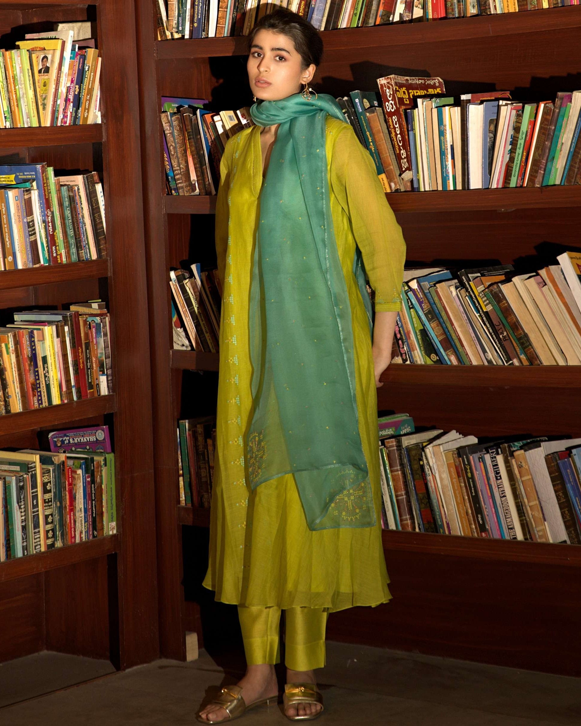 Neon Green Side Panelled A-Line Kurta Set