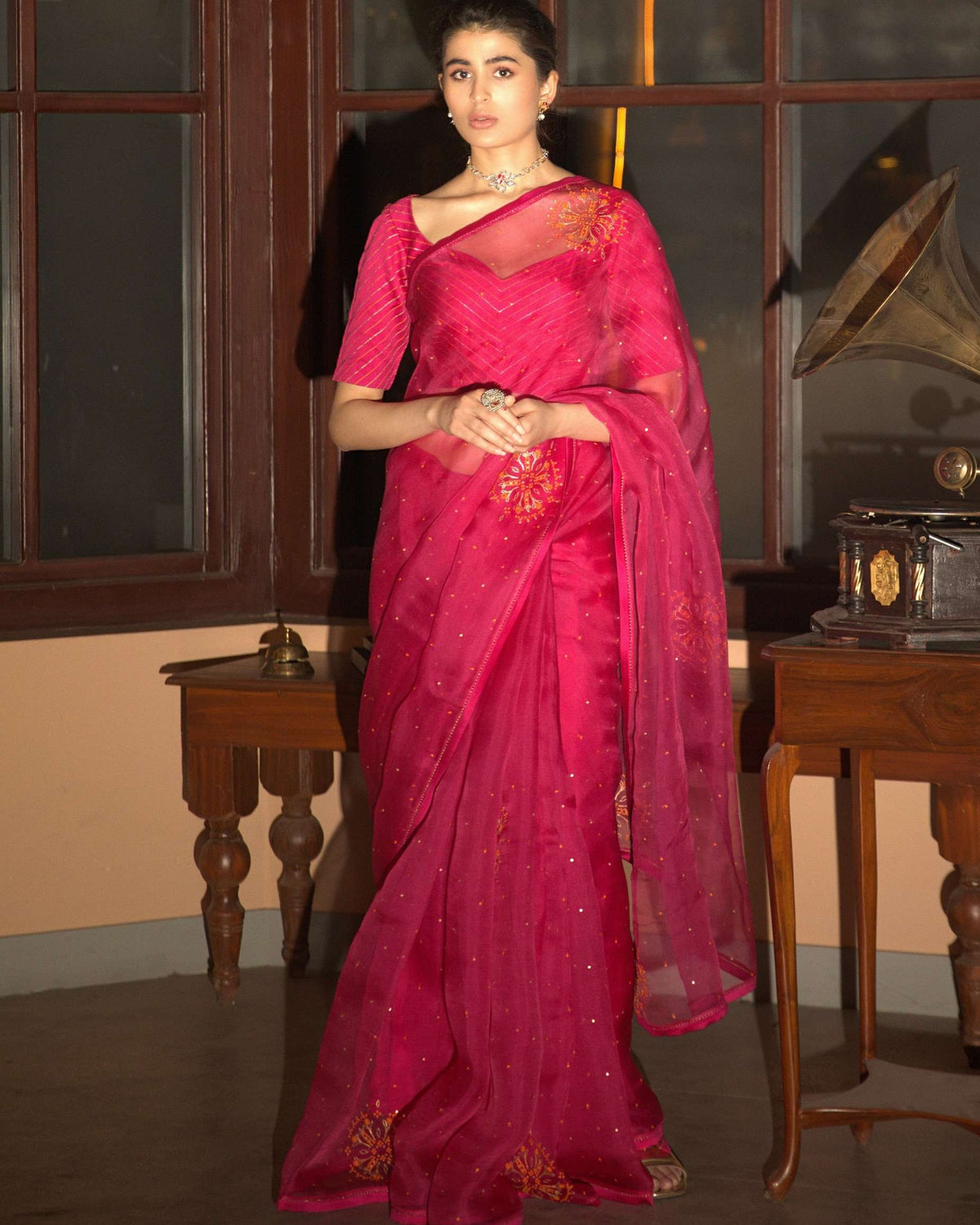 Pink Hand Embroidered Sari