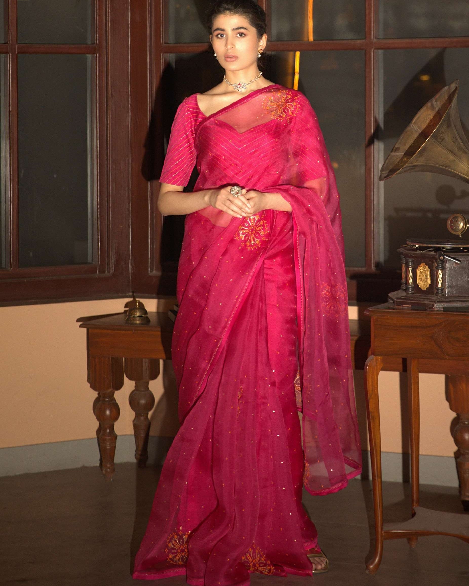 Pink Hand Embroidered Sari
