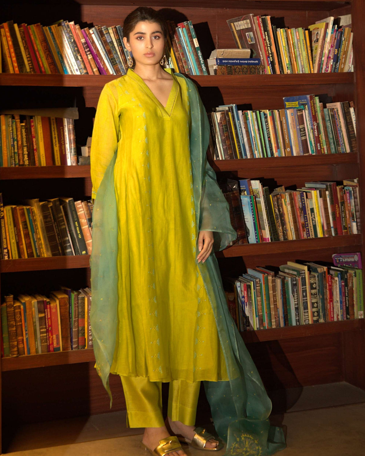 Neon Green Side Panelled A-Line Kurta Set