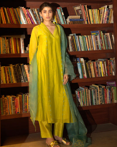 Neon Green Side Panelled A-Line Kurta Set