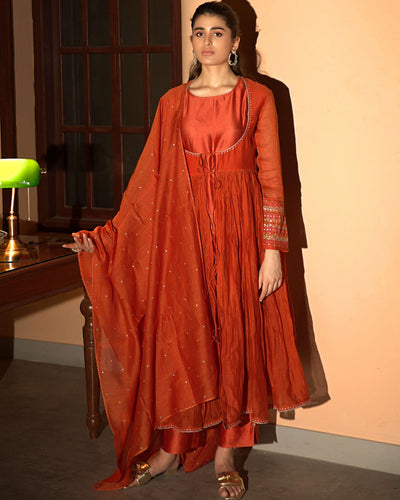 Rust Orange Gathered Angrakha Set