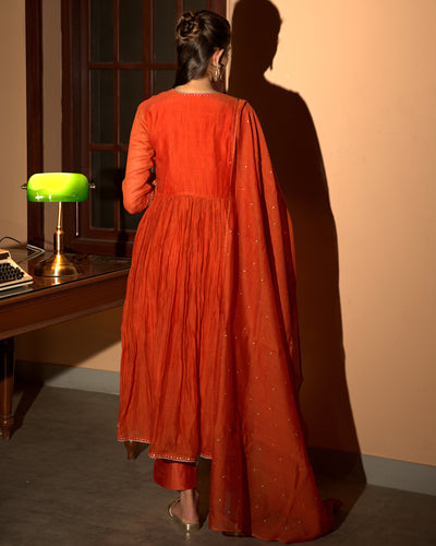 Rust Orange Gathered Angrakha Set