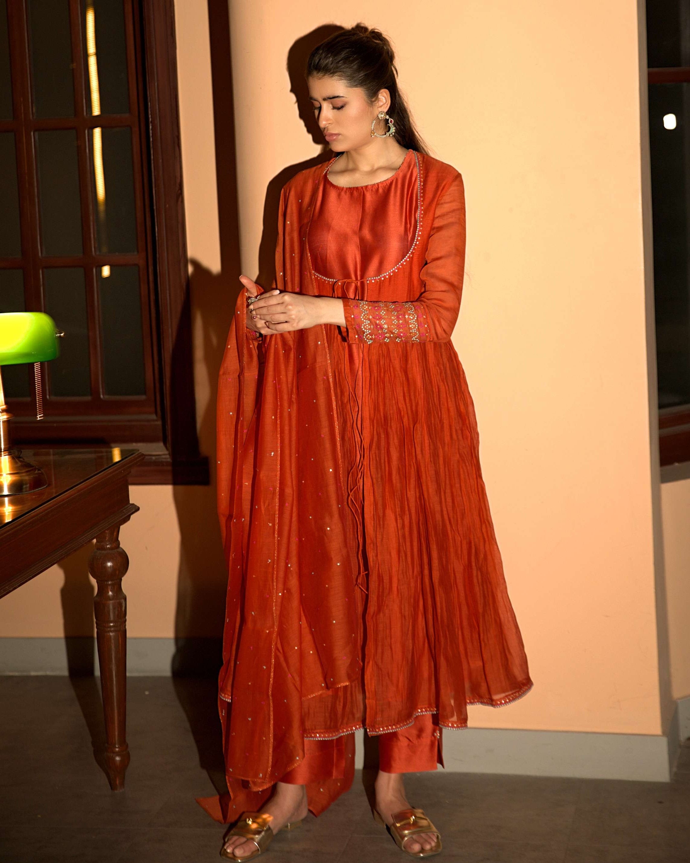 Rust Orange Gathered Angrakha Set