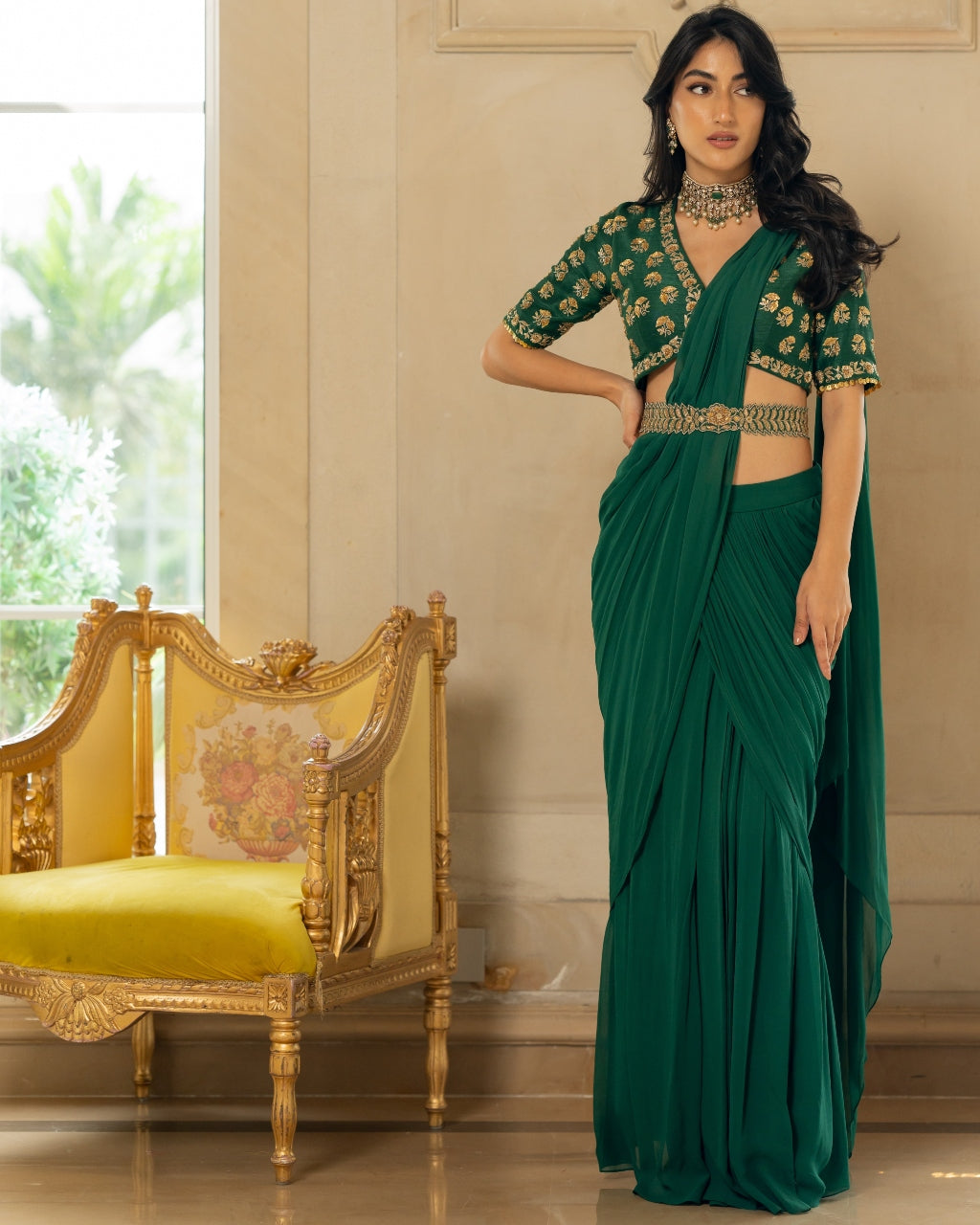 Emerald Green Antique Tone Sari Set