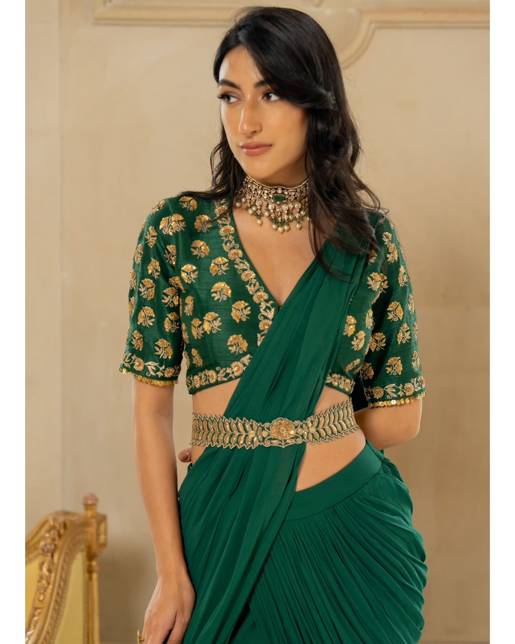 Emerald Green Antique Tone Sari Set