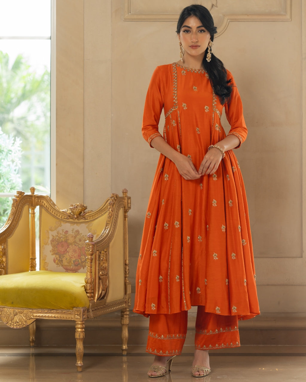 Rust Butti Embroidered Kurta Set