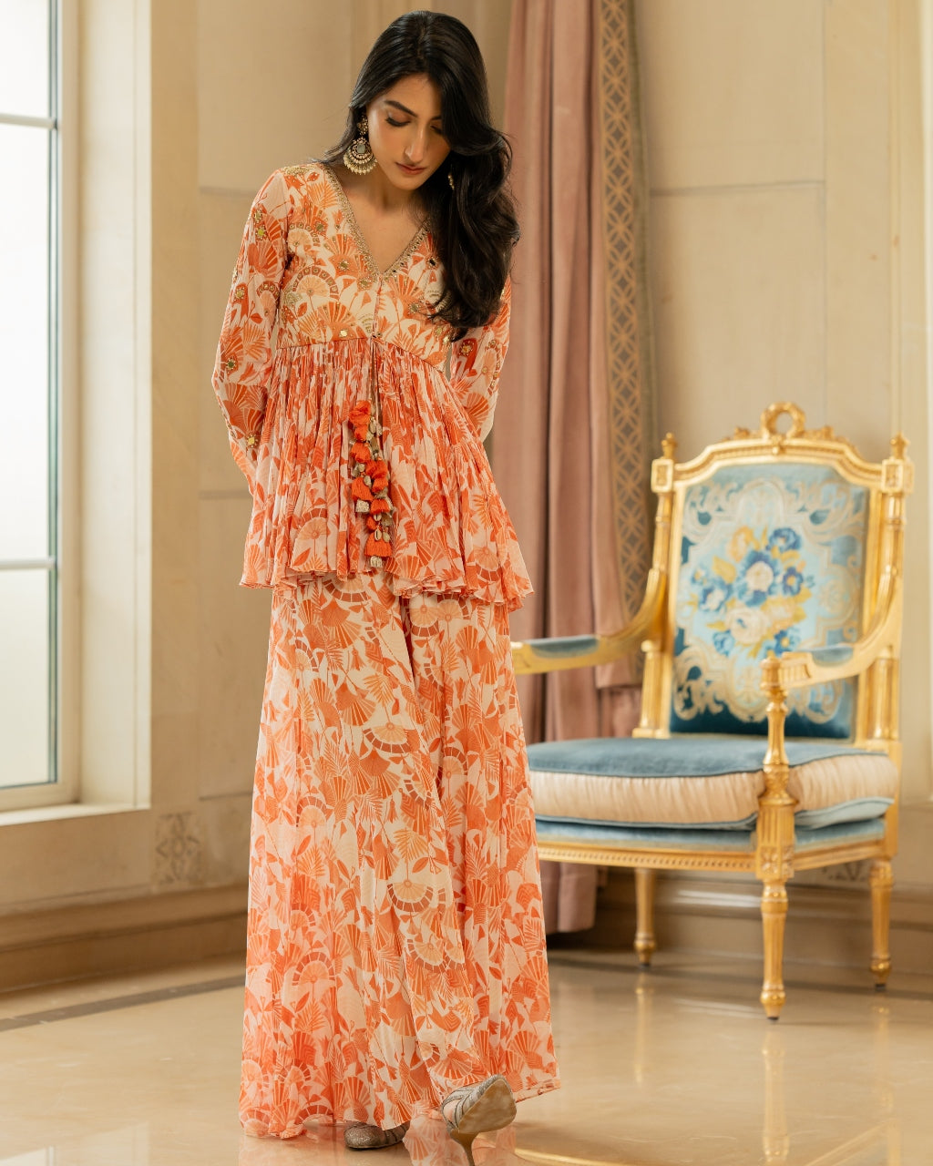 Orange Antique Embroidered Peplum Set