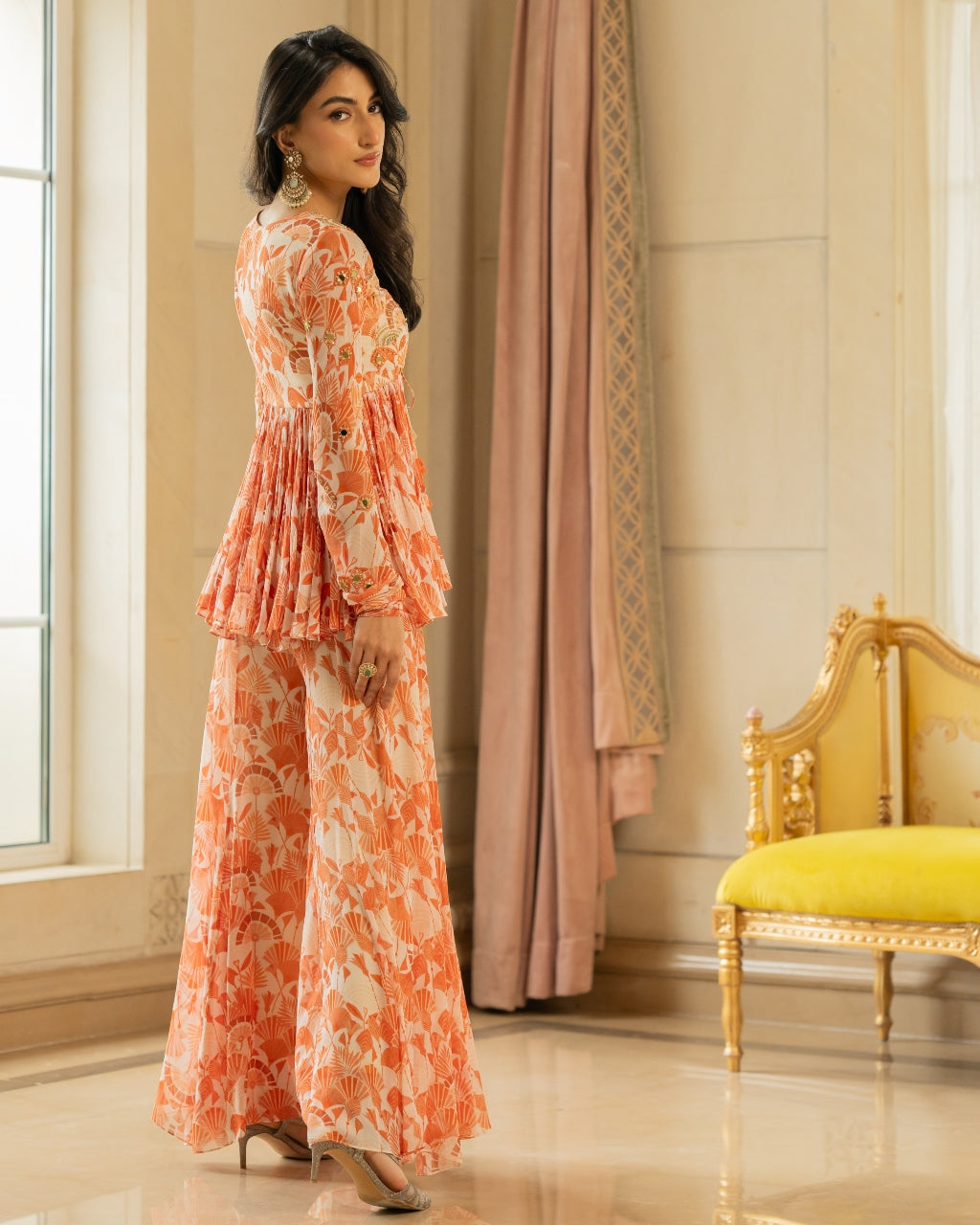 Orange Antique Embroidered Peplum Set